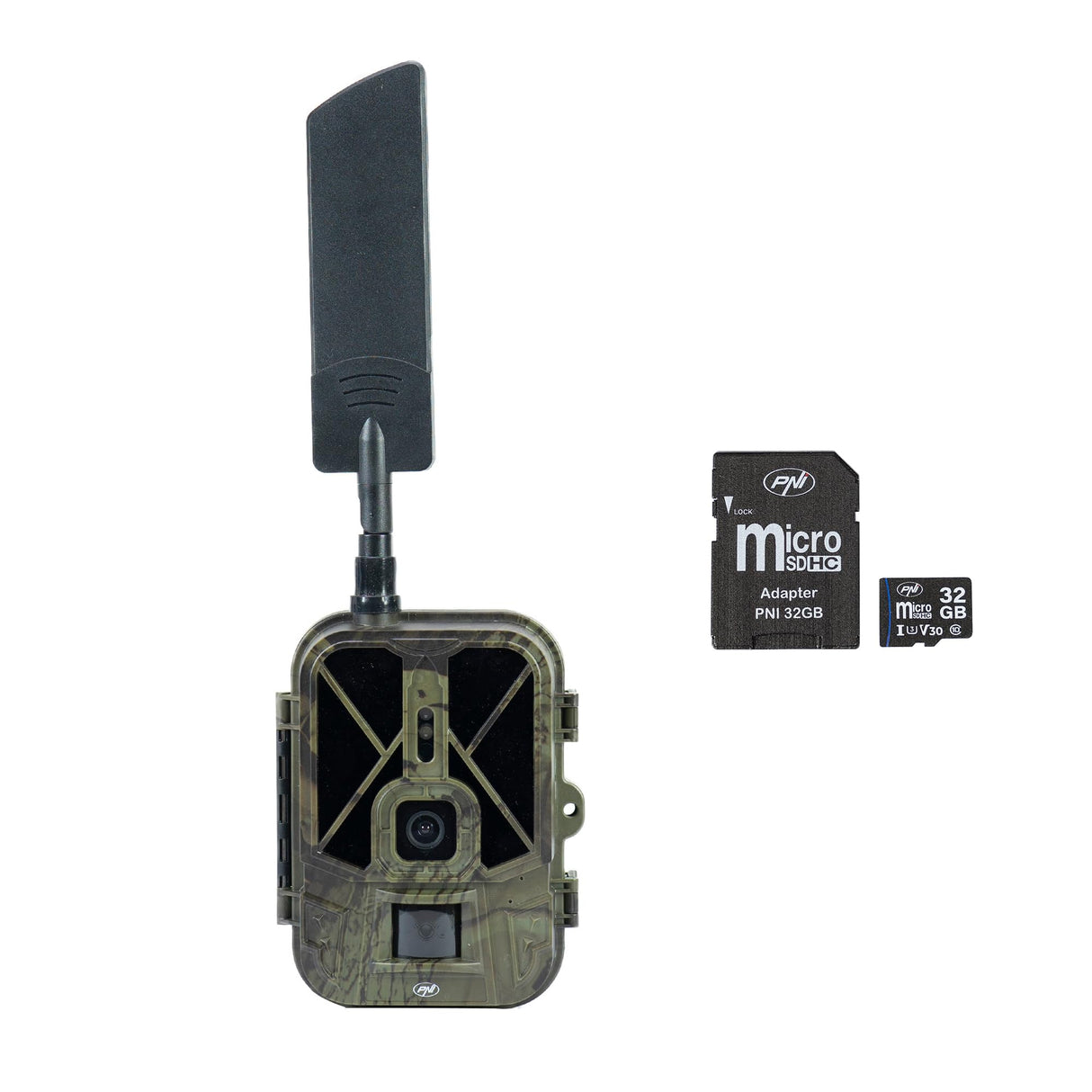 PNI Paquete de cámara de Caza Hunting 550C Internet 4G LTE, Acceso Mediante aplicación Tuya, batería + Tarjeta de Memoria MicroSD 32 GB con Adaptador SD