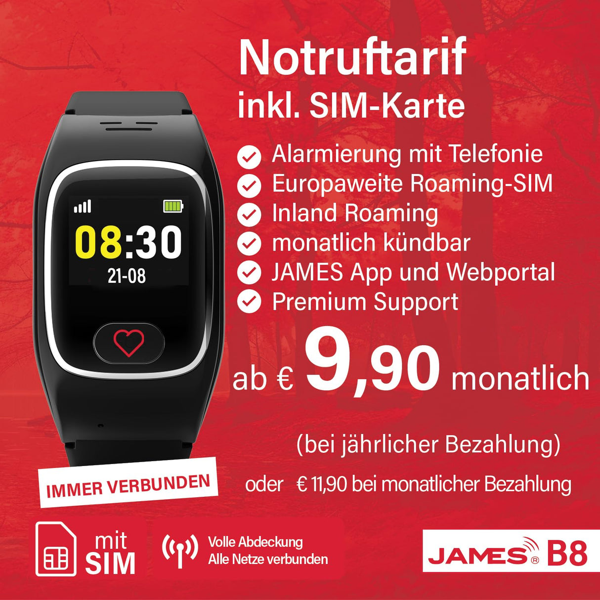 James B6 - Reloj de Emergencia y Seguridad para Personas Mayores, detección de caídas, botón de Llamada de Emergencia y localización GPS, Funciones de Salud, por Ejemplo, Pulso, aplicación Familiar +