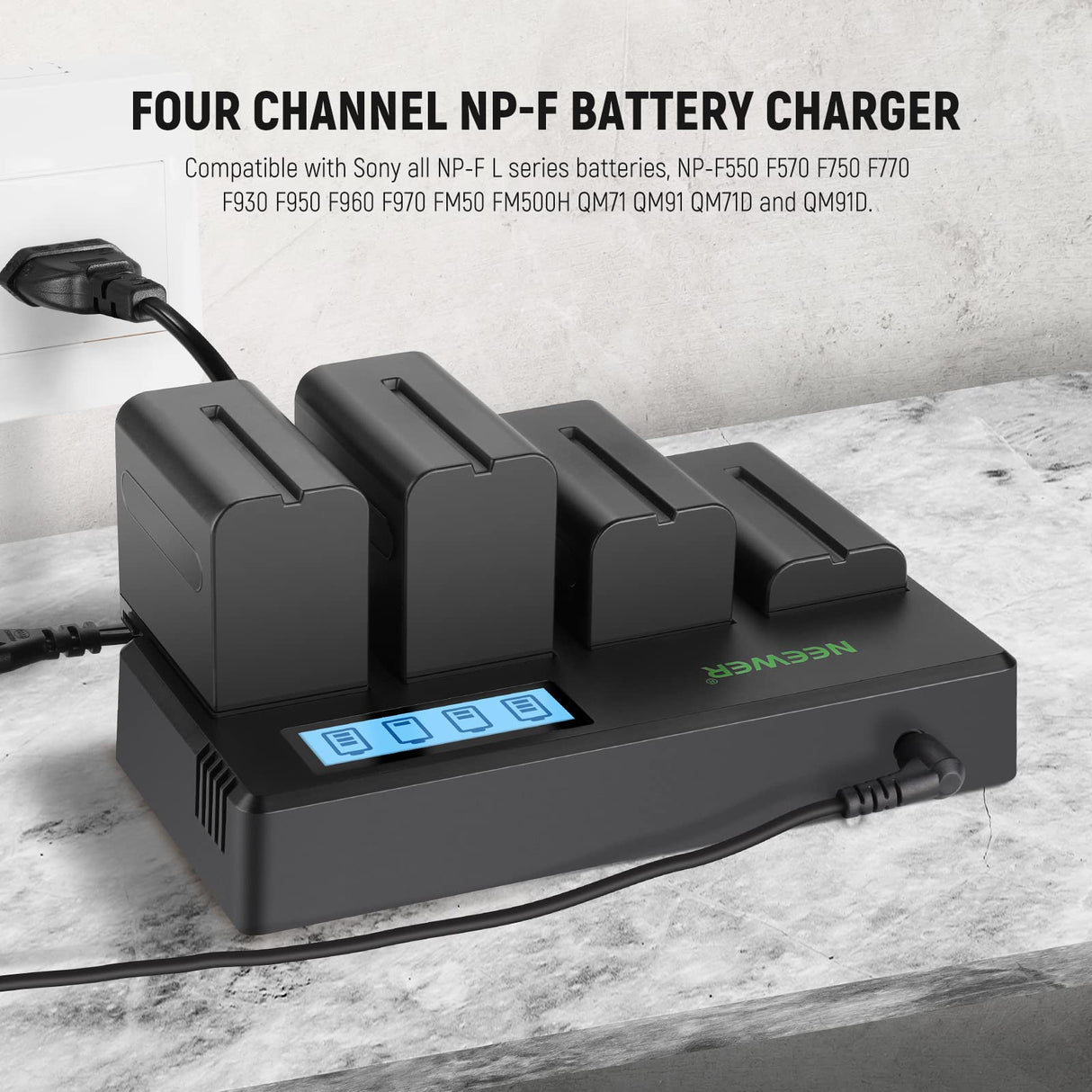 NEEWER 4pcs NP-F750 7.4V 5600mAh Batería de Repuesto con Cargador de 4 Canales y Adaptador de Corriente, Compatible con NP-F550/750/770/970 FM500H QM71D QM91D, Monitores de Campo, Luces de Video