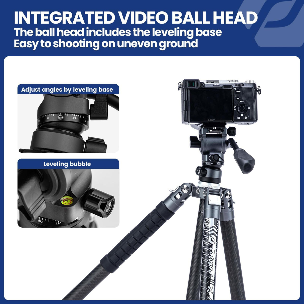 Fotopro X-Aircross 3 Video - Trípode Ligero para cámara de Viaje de 62 Pulgadas con Cabezal de Fluido de 2,35 Libras, trípode de Fibra de Carbono para cámara DSLR