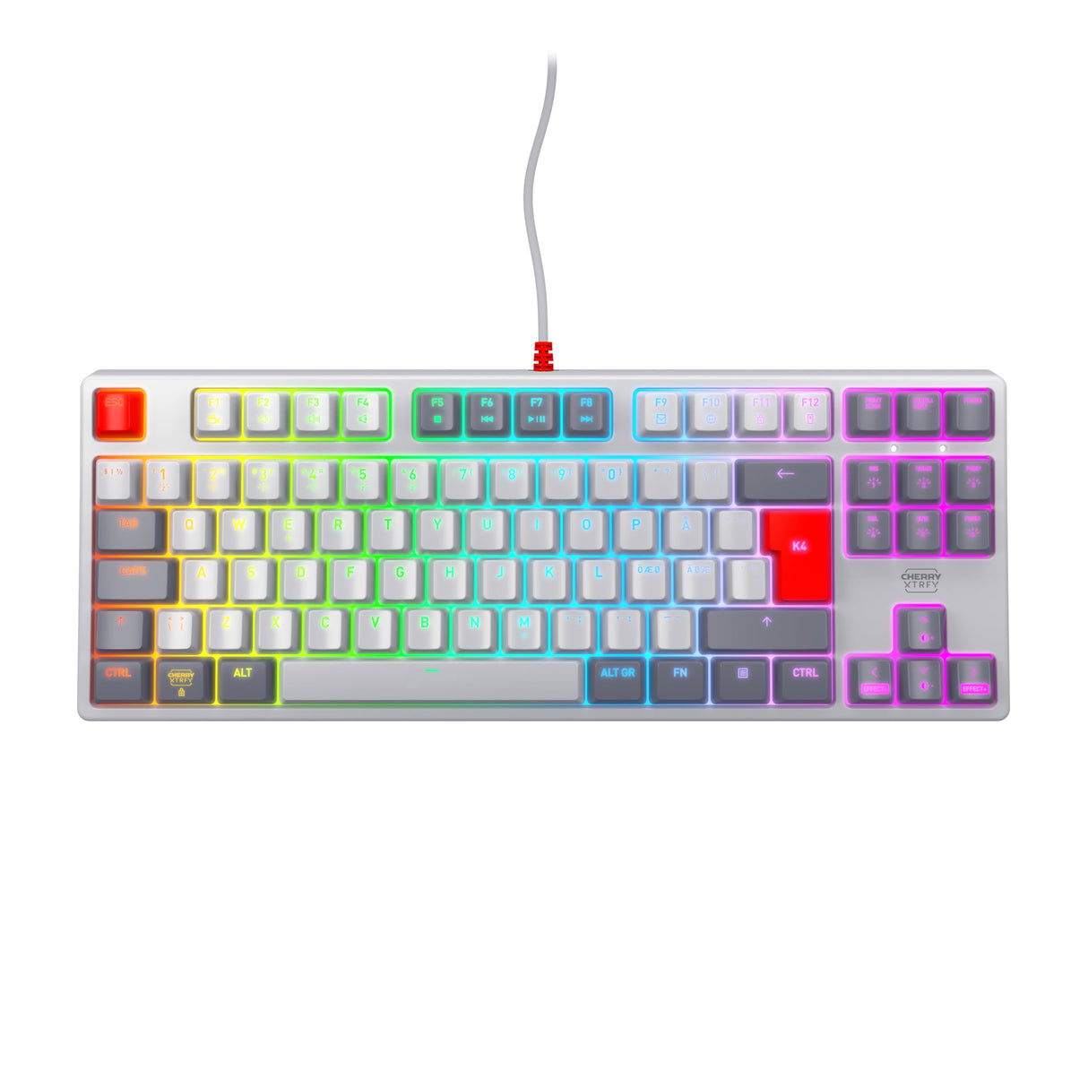 CHERRY XTRFY K4V2 TKL, Teclado Gaming con Cable sin Bloque Numérico, Disposición Pan-Nórdica (QWERTY), Iluminación RGB, Switches Mecánicos MX2A RED, Retro