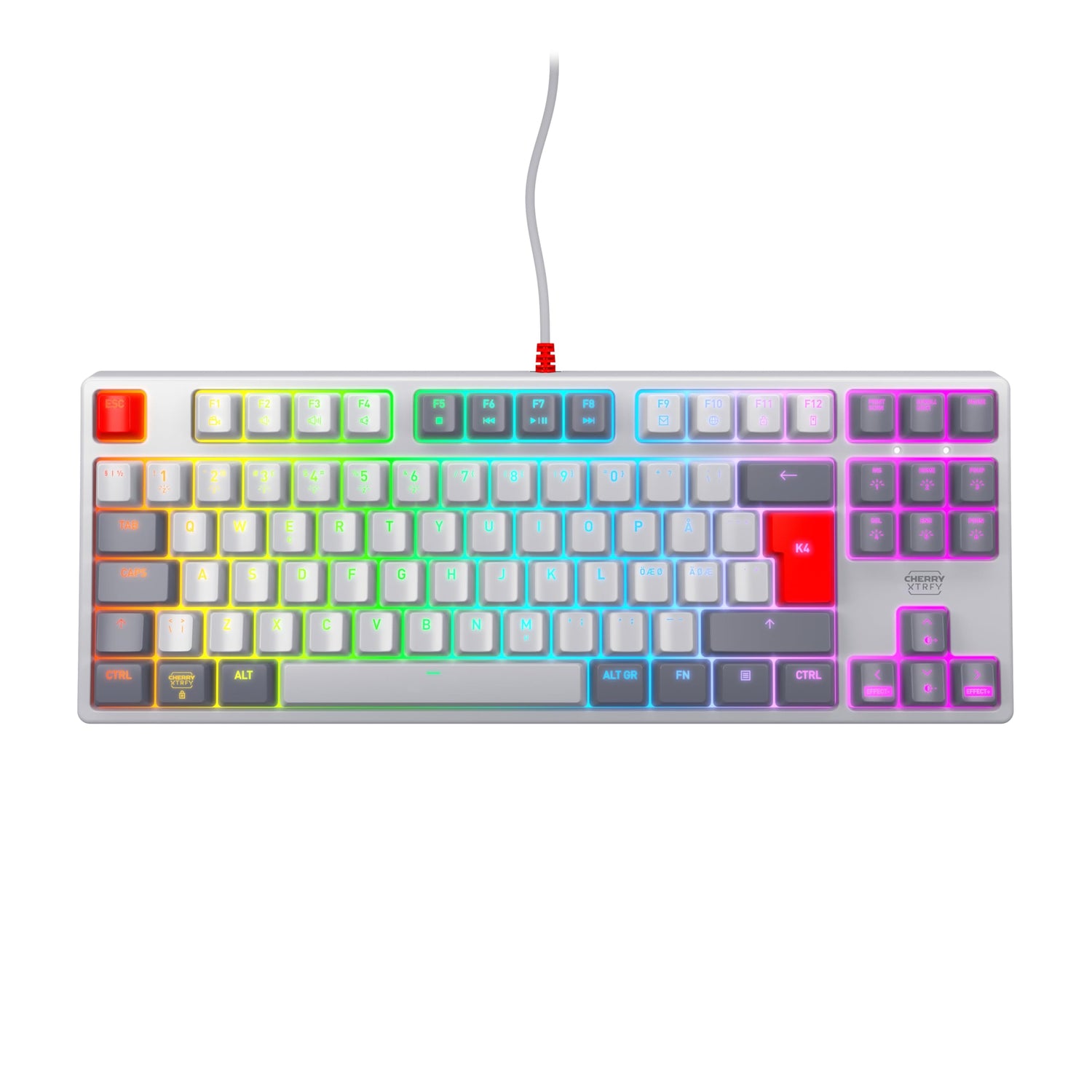 CHERRY XTRFY K4V2 TKL, Teclado Gaming con Cable sin Bloque Numérico, Disposición Pan-Nórdica (QWERTY), Iluminación RGB, Switches Mecánicos MX2A RED, Retro