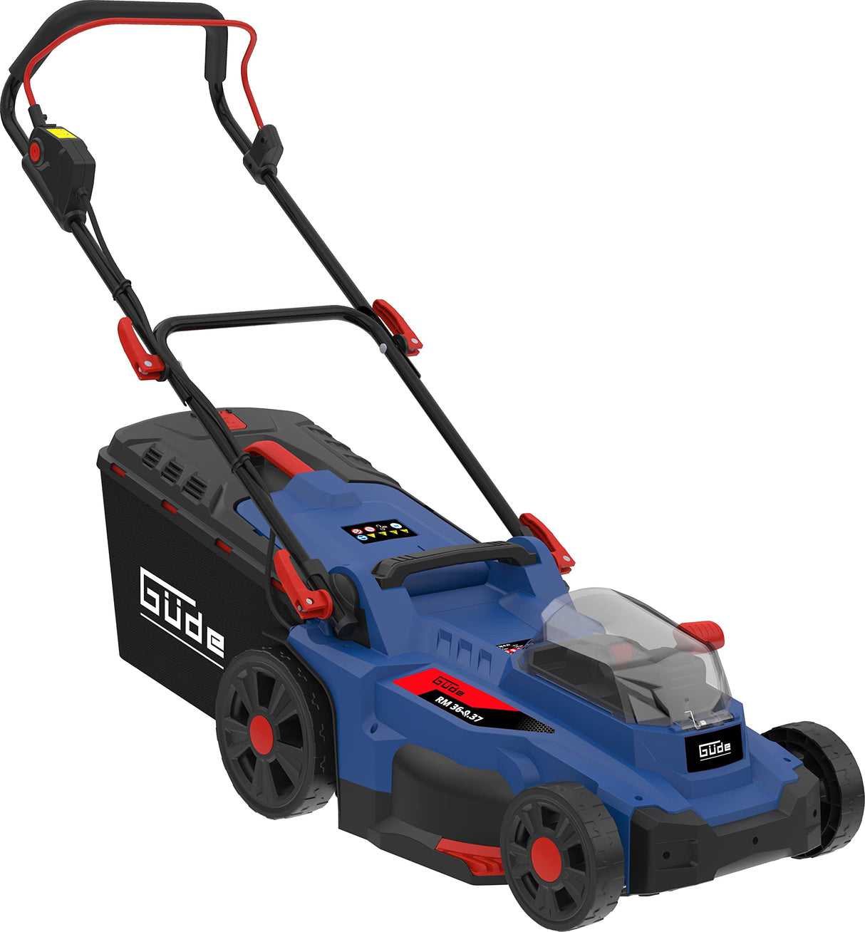 Güde Cortacésped con batería RM 36-402-30.37 (36 V (2 x 18 V) sin escobillas, corte de 370 mm, altura de corte de 6 niveles, saco de recolección de hierba de 35 l, cuña para mantillo, incluye 2