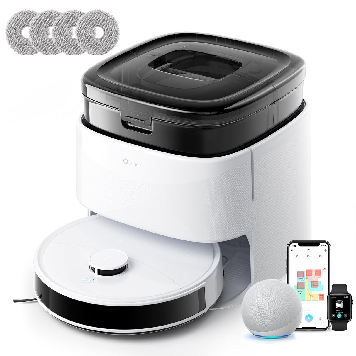 LEFANT M3 Robot Aspirador y Fregasuelos, Potente Succión de 12000 Pa, Doble Giro Fregar, Lavado y Secado Automático, Vaciado Automático para 3,2 L, Cepillos Antienredos, App/Alexa/iWatch, 2,4 G y 5G