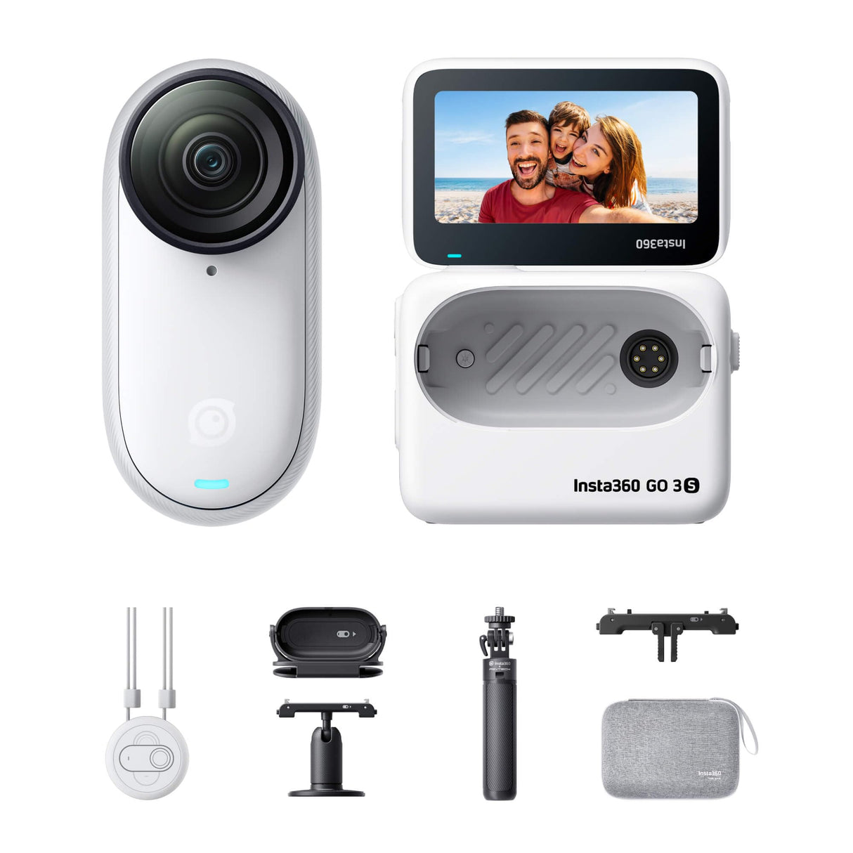 Insta360 GO 3S Kit de Viaje - Cámara Vlogging 4K, POV Manos Libres, Móntala Donde Quieras, Estabilización, 140 Min de batería, Impermeable 10 M, Edición IA, Apple Find My, Vlog, Viajes, Blanco