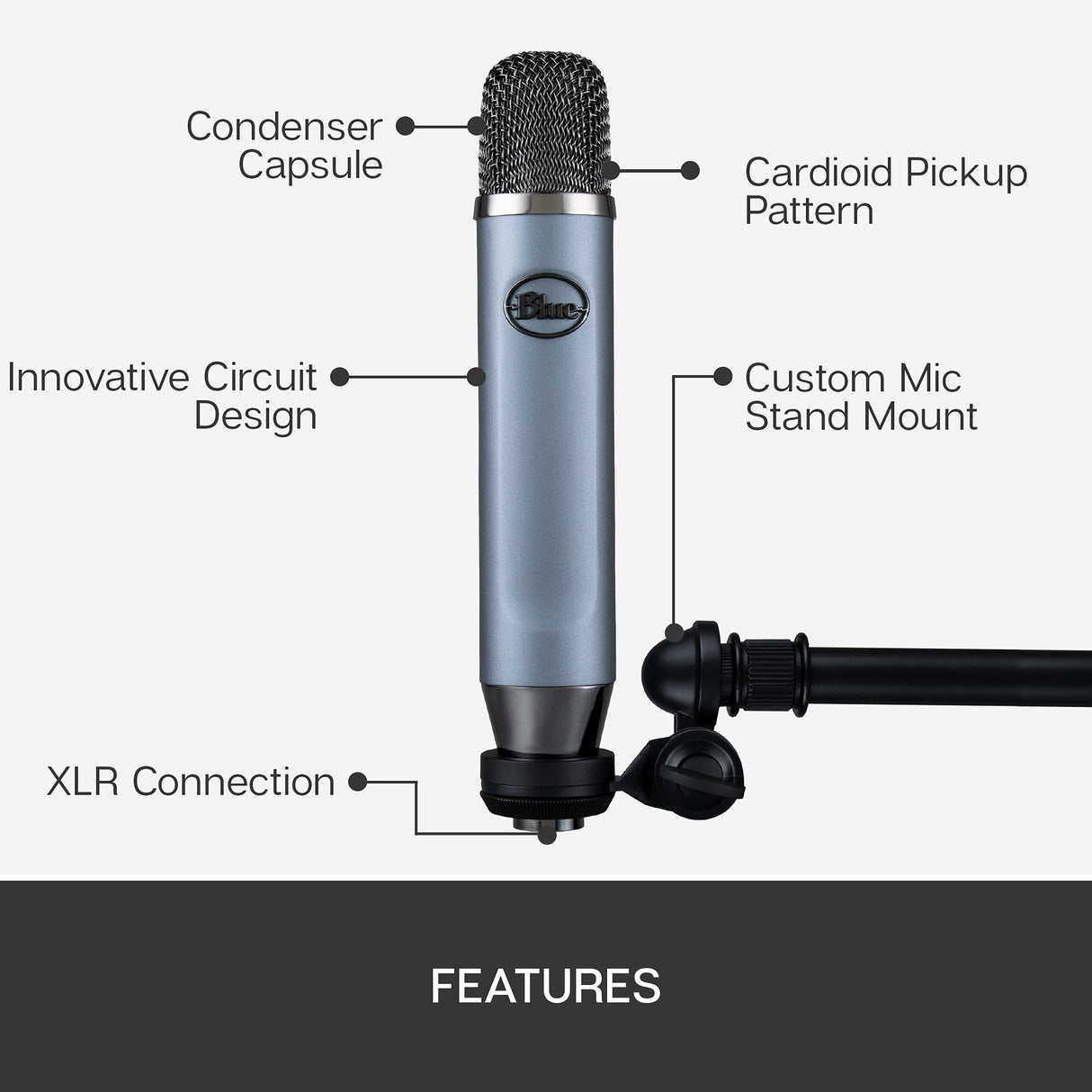 Blue Ember XLR Micrófono condensador para grabación, Podcasting y transmisión, Cápsula cardioide personalizada y Soporte de micrófono - Gris