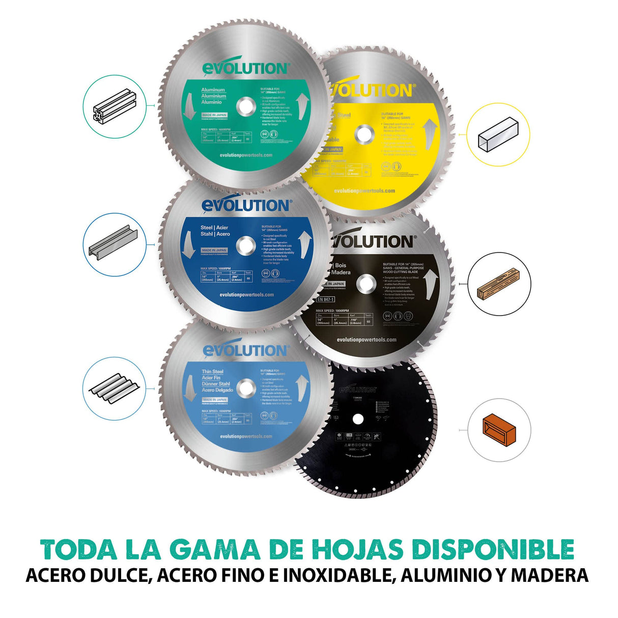 Evolution 355mm A355TCT-80CS Hoja de sierra para cortar aluminio - Hoja de sierra de metal con punta de carburo de 80 dientes que casi no genera calor, rebabas ni chispas