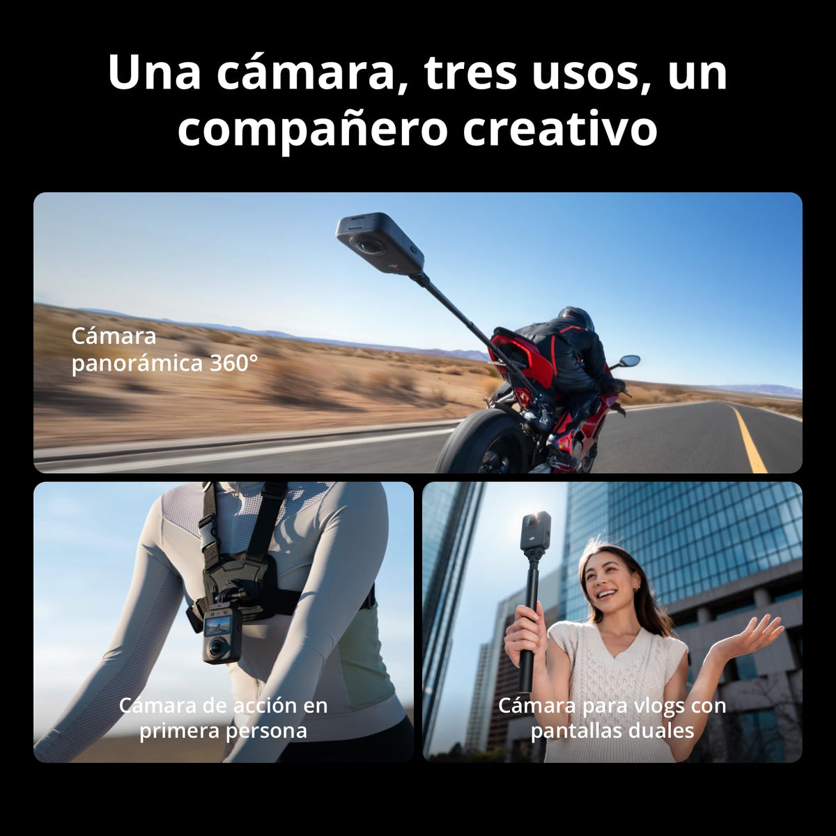 Pack Esencial dji Osmo 360, cámara 360 con Imagen 360° de 1 Pulgada, Video 360° en 8K Nativo, Video 4K/120 fps y 170° Boost, Kit de Palo de Selfie Invisible de 1.2 m, batería extendida con 2 baterías