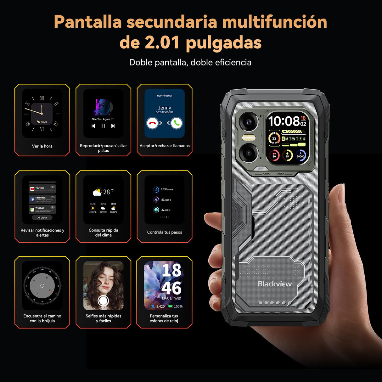 Blackview Xplore1 5G Movil Irrompible con Pantalla Secundaria, 20000mAh, Dimensity 7050 Movil Resistente, Android 15, 36GB+256GB/2TB, 50MP+64MP+20MP Nocturna, 6,78" 120Hz,170lm/NFC/WIFI 6/AI/Naranja