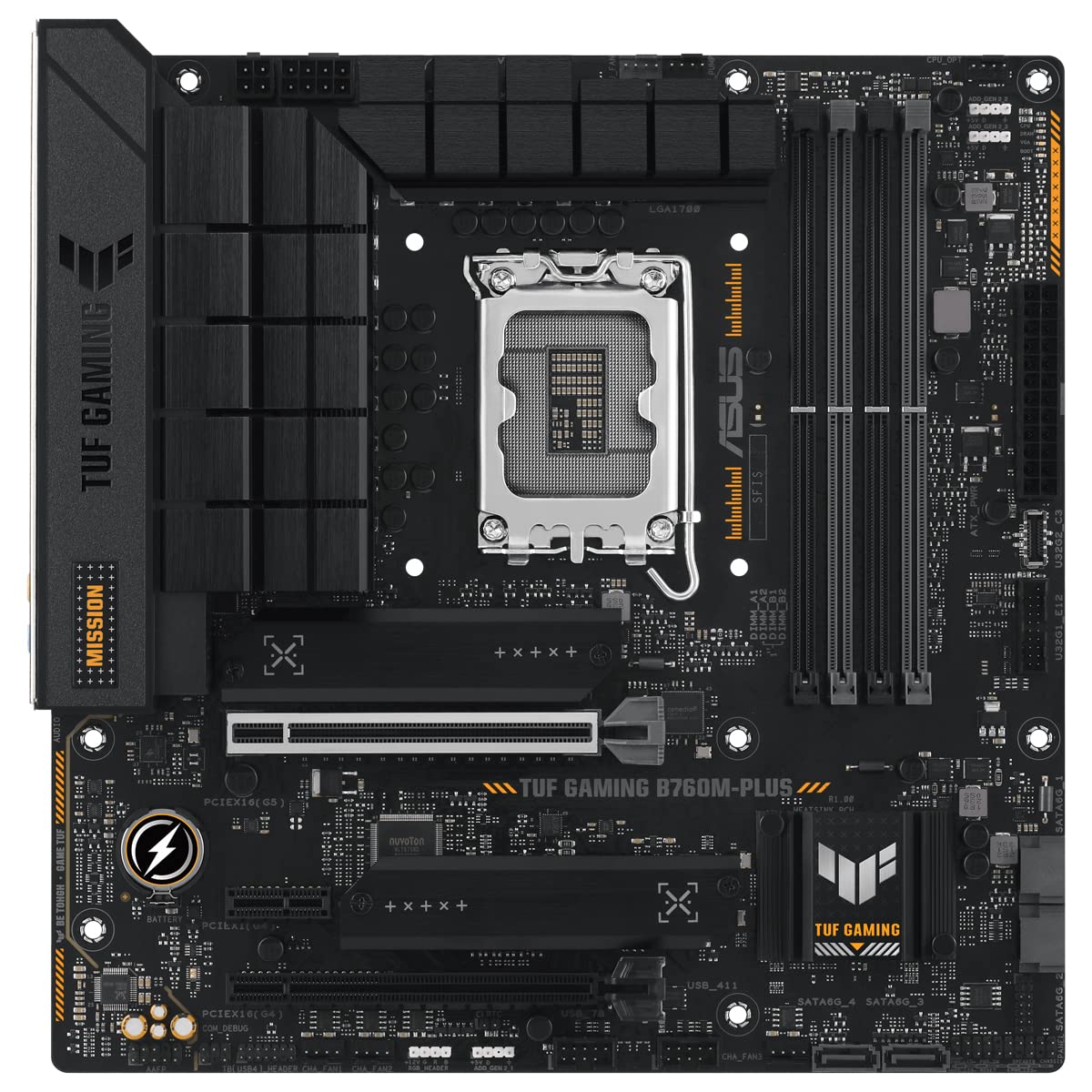 TUF GAMING B760M-PLUS - Placa base Intel B760 (LGA 1700) mATX con DDR5, ranura PCIe 5.0, 2x PCIe 4.0 M.2, 12+1 DrMOS, Realtek 2.5Gb Ethernet, DisplayPort, HDMI, USB 3.2 Gen 2 Tipo C frontal, Aura Sync