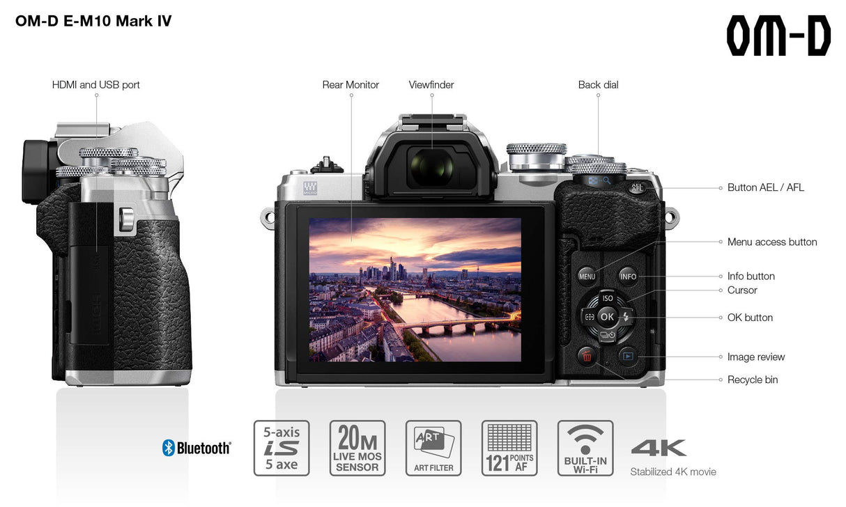Cámara del Sistema Micro Four Thirds Olympus OM-D E-M10 Mark IV, Sensor de 20 Mpx, estabilizador de Imagen en 5 Ejes, Visor electrónico, vídeo 4K, Potente Enfoque automático, Wi-Fi, Plata