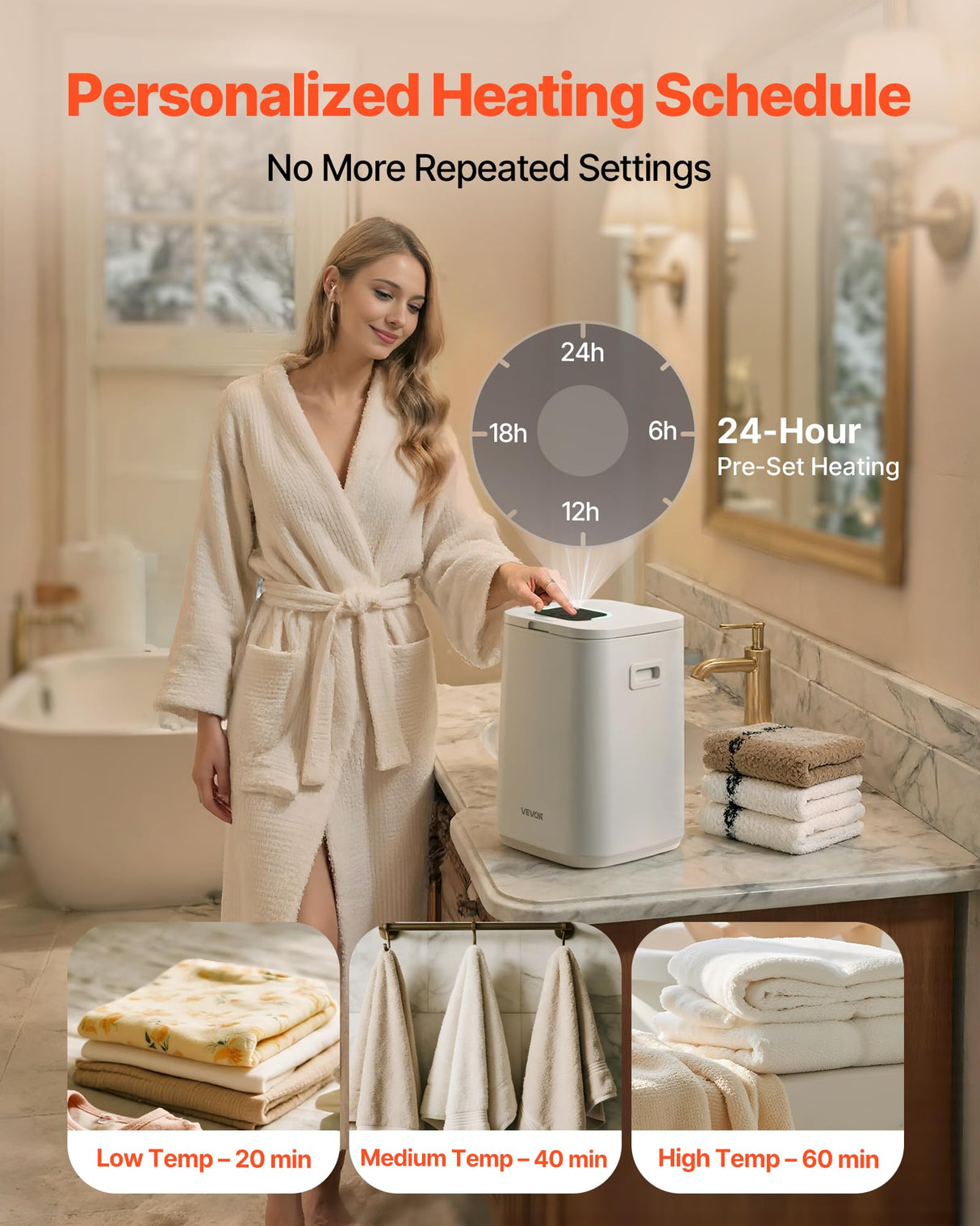 VEVOR Calentador de Toallas 20 L con Pantalla LED Calentador de Mantas Temporizador Ajuste de Temperatura Apagado Automático Cierre de Seguridad Secador de Toallas para SPA, Hogar, Baño, Blanco