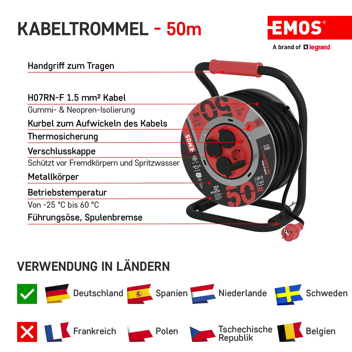 EMOS tambor cable 50 m acero, 4 Schuko, 230 V 16 A 3680 W, goma H07RN-F 1.5 mm², IP44, resistente agua, golpes, aceite, intemperie