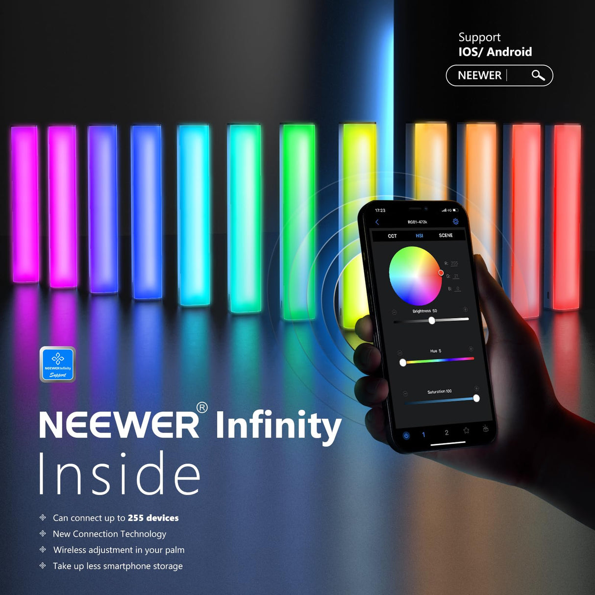 NEEWER RGB LED Video Palo Luz, Barra Táctil y Control App, Luz de Fotografía de Mano Magnética, Regulable 3200K-5600K CRI98+ Luz LED a Todo Color con Batería de 6400mAh, 17 Escenas, RGB1