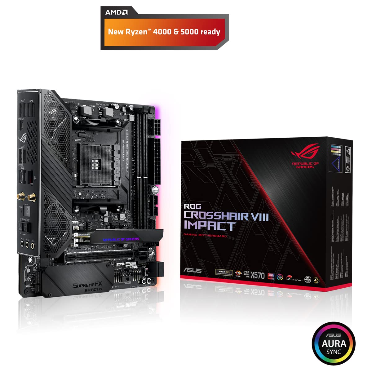 ASUS ROG Crosshair VIII Impact - Placa base Gaming mini-DTX AMD AM4 X570 con tarjeta SO-DIMM.2 (dos M.2), Wi-Fi 6, PCIe 4.0, sonido SupremeFX, iluminación Aura Sync RGB, SATA 6 Gb/s y USB 3.2 Gen. 2