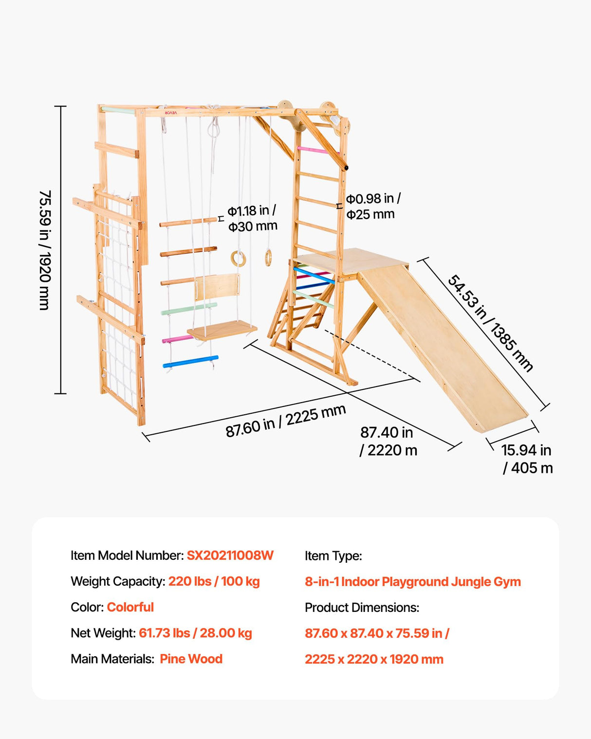 VEVOR 8 en 1 Parque Infantil de Madera para Interior, Carga de 100 kg Juego de Escalada Montessori con Columpio, Barra de Mono, Tobogán, Anillas, Escalera de Madera/Cuerda, Red, Roca, Colorido