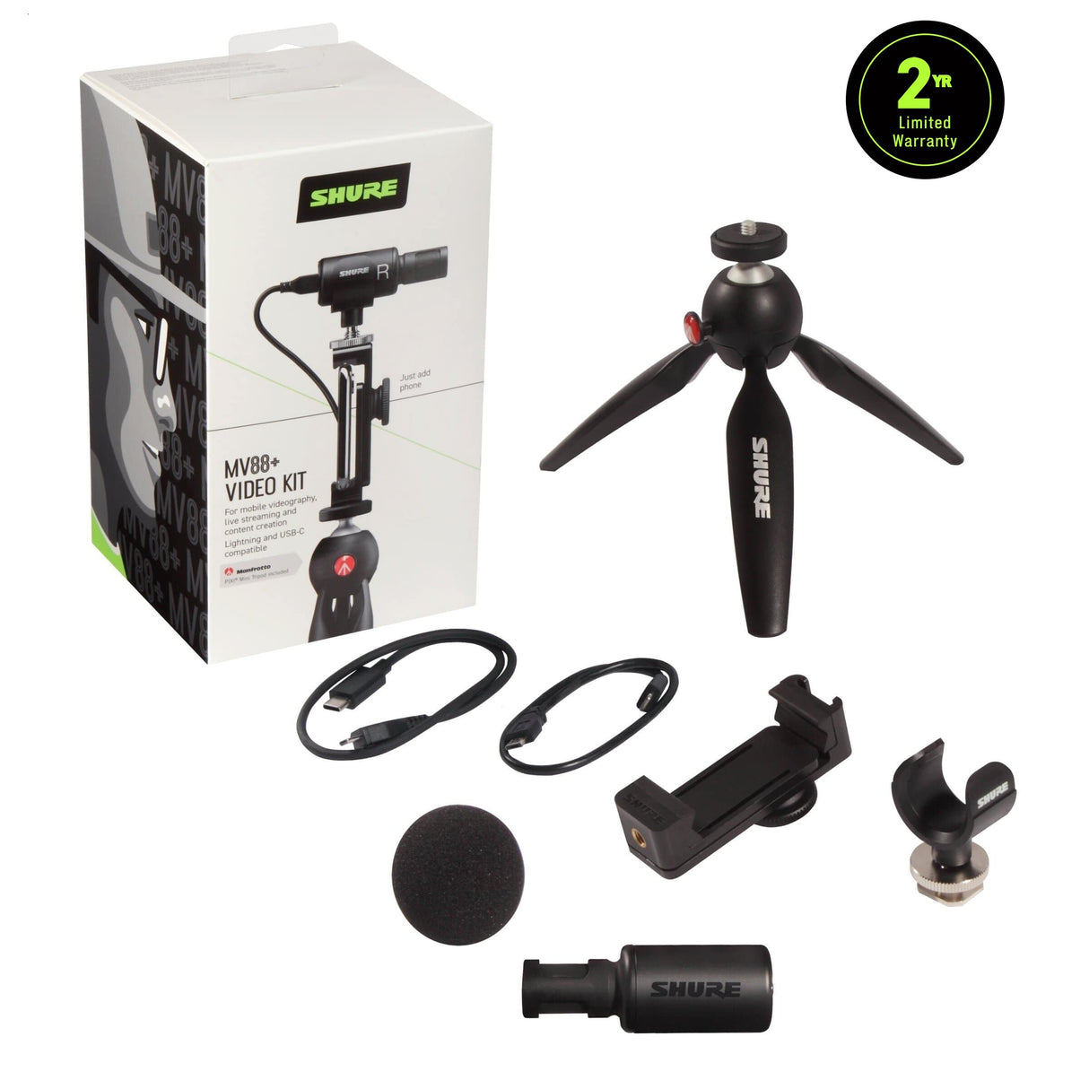 Shure MV88+ Micrófono de Condensador Kit de vídeo estéreo Digital para Apple y Android, con Cable, con trípode Manfrotto PIXI, Abrazadera para teléfono, Soporte y Cables iOS y USB-C