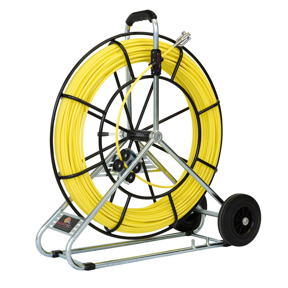 Runpotec - Guia de fibra de vidrio 120 m, diámetro de varilla de 7,5 mm con carrete de acero, incluye ruedas, 10091