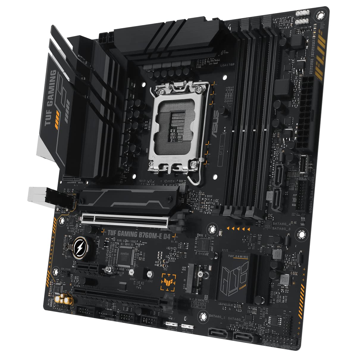 TUF GAMING B760M-E D4 - Placa base Intel B760 (LGA 1700) mATX con DDR4, PCIe 4.0, 2x M.2, 10+1 DrMOS, 2.5Gb Ethernet, M.2 vertical (Key E), Wi-Fi, USB 3.2 Gen 2 Tipo A, USB 3.2 Gen 2 Tipo C, Aura Sync