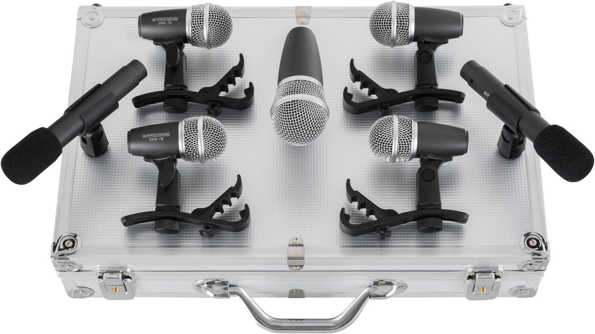 Pronomic DMS-7 Set de Micrófonos para Batería - Set de 7 Micrófonos para Escenario y Estudio - Micrófono de Grabación para Batería e Instrumentos de Percusión - Incluye Maletín