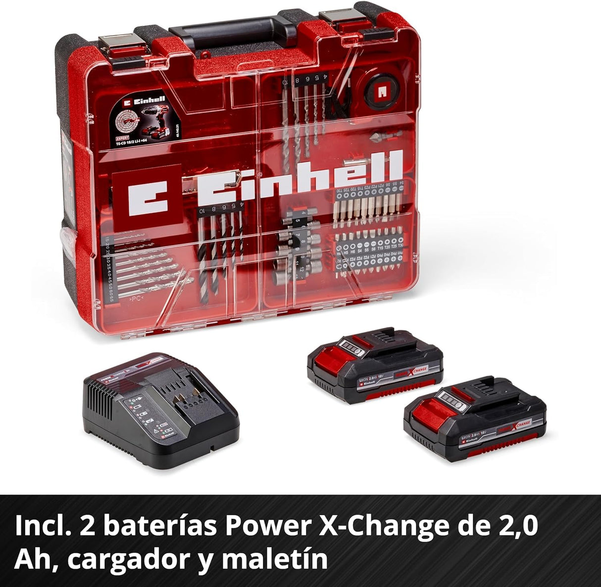 Taladro percutor con batería TE-CD 18/2 Li-i +64 PXC de Einhell (18 V, 44 Nm, engranaje de 2 veloc., incl. 2 baterías 2,0 Ah, cargador rápido, maletín y set de acces. de 64 piezas)