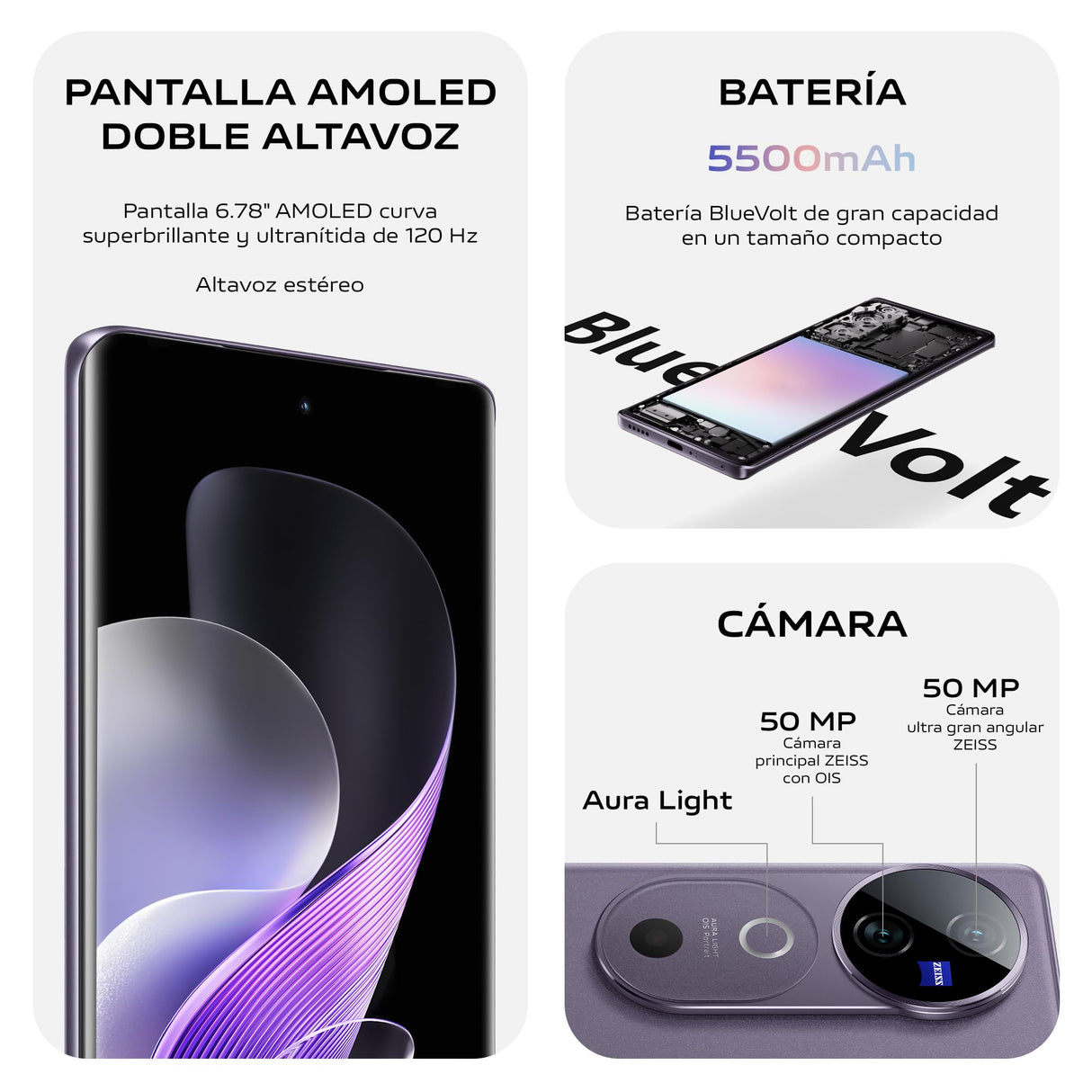 VIVO V40 5G Smartphone, 12GB RAM + 512GB ROM, Pantalla 6.78” AMOLED Curva 120 Hz, Cámara 50 MP con ópticas ZEISS, Batería BlueVolt XL de 5500mAh, Carga rápida Flashcharge 80 W, Plata