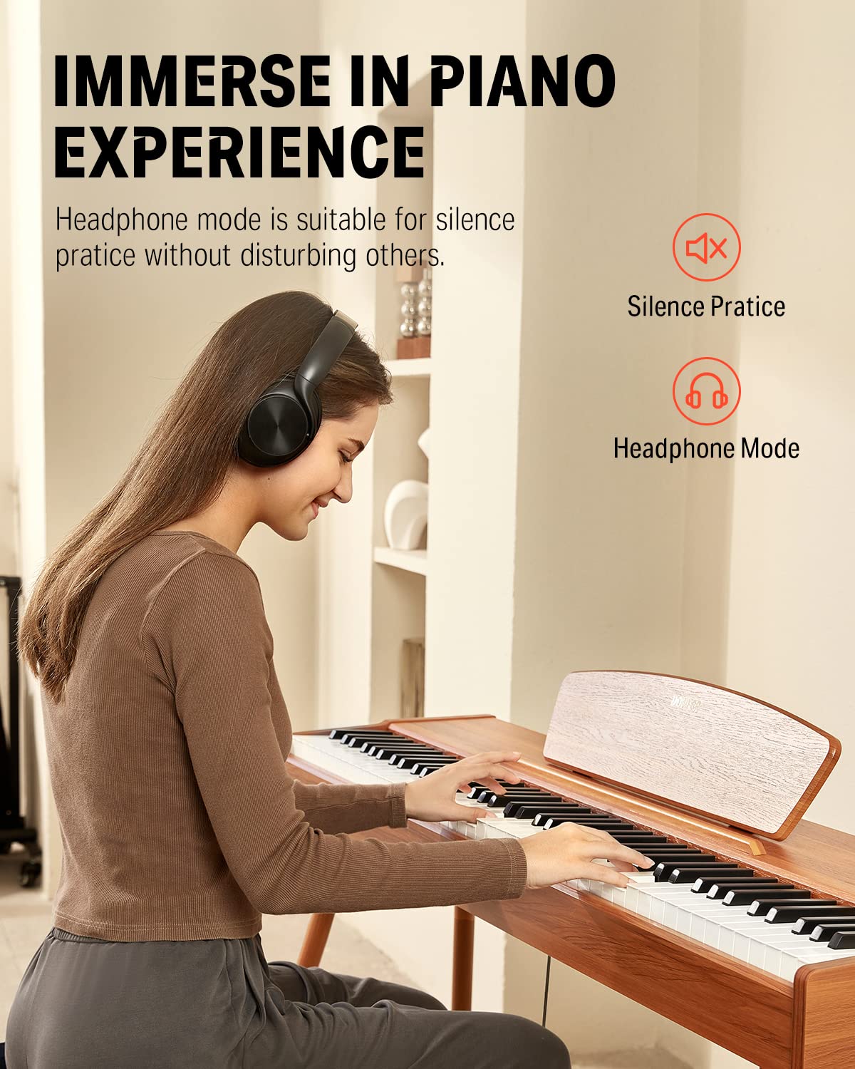 Donner DDP-80 Teclado de Piano Marrón Madera Digital 88 Teclas Ponderadas, Acción de Martillo II, Doméstico de Tamaño Completo con Soporte, Triple Pedal, Conexión MIDI