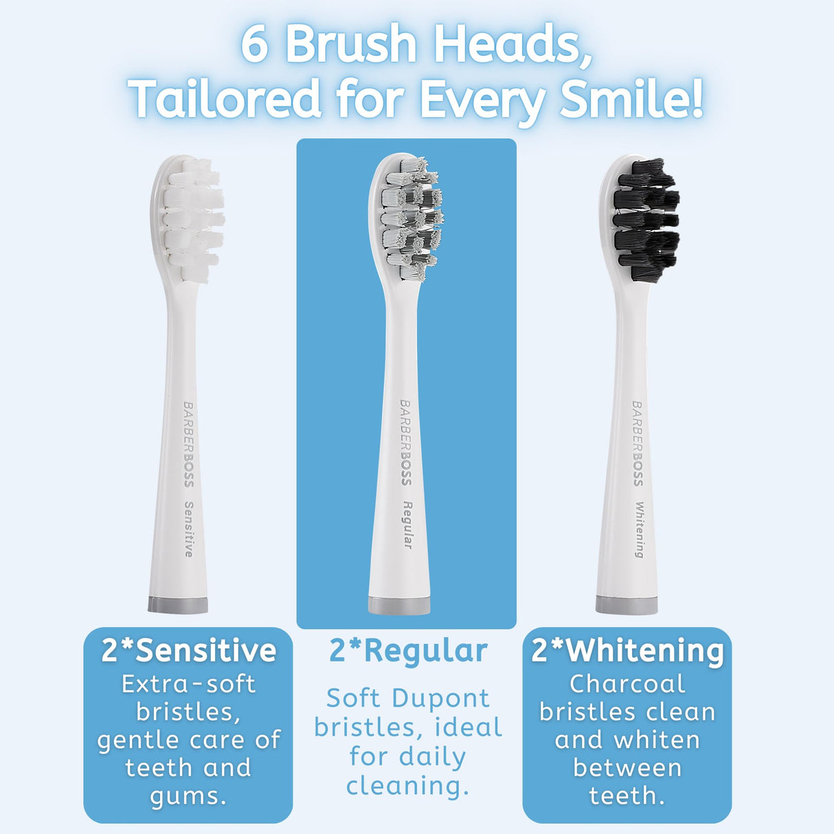 BarberBoss Cepillo de dientes eléctrico con 6 cabezales de cepillo y sensor de presión, cepillo de dientes recargable para adultos con 5 modos, temporizador inteligente, cepillo de dientes