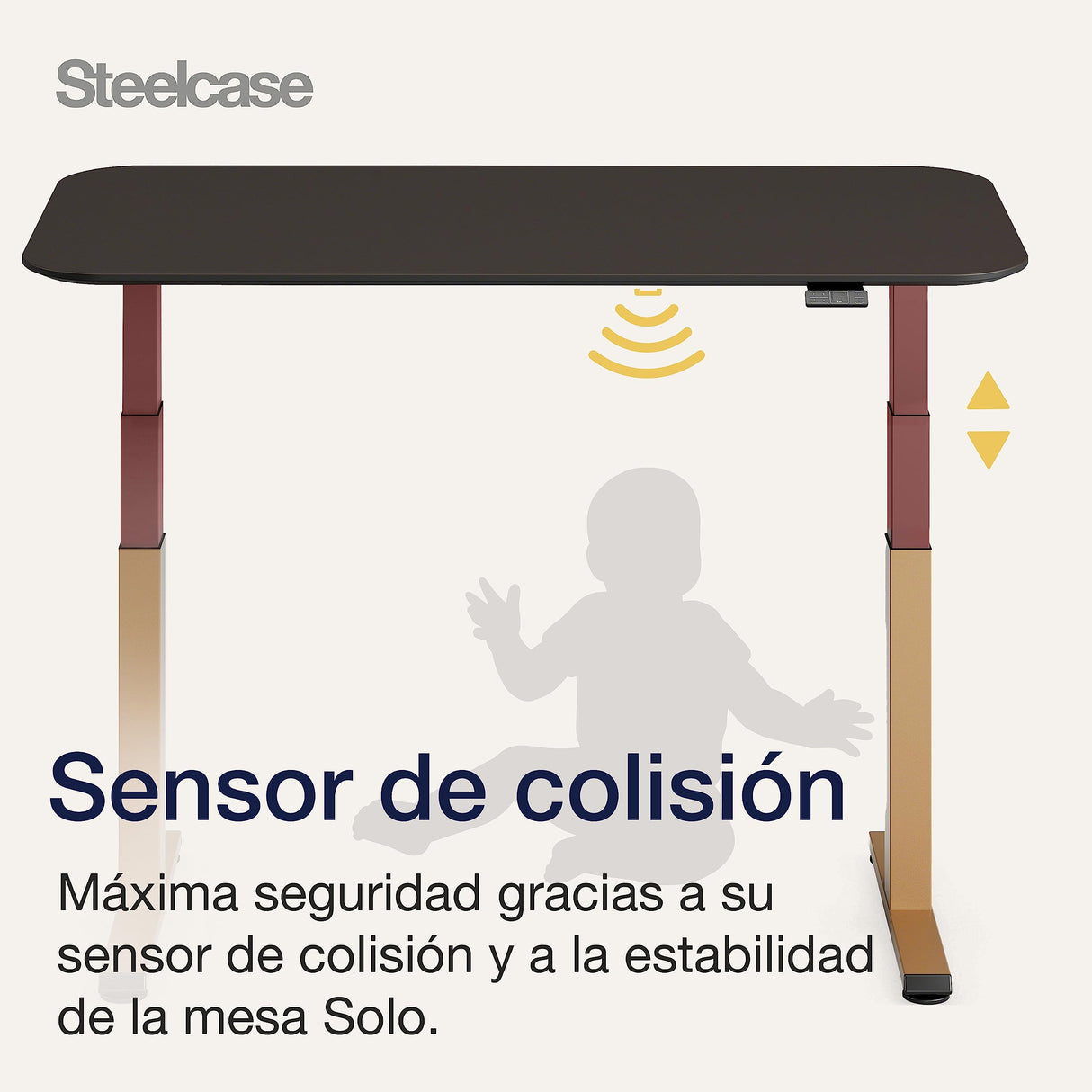 Steelcase Solo Mesa Altura Ajustable Eléctrica para Trabajar de Pie o Sentado, Controlador Programable, Potente motor, Sensor Anticolisión y Red de Gestión de Cables. Acabados en Latón/Merlot/Malva