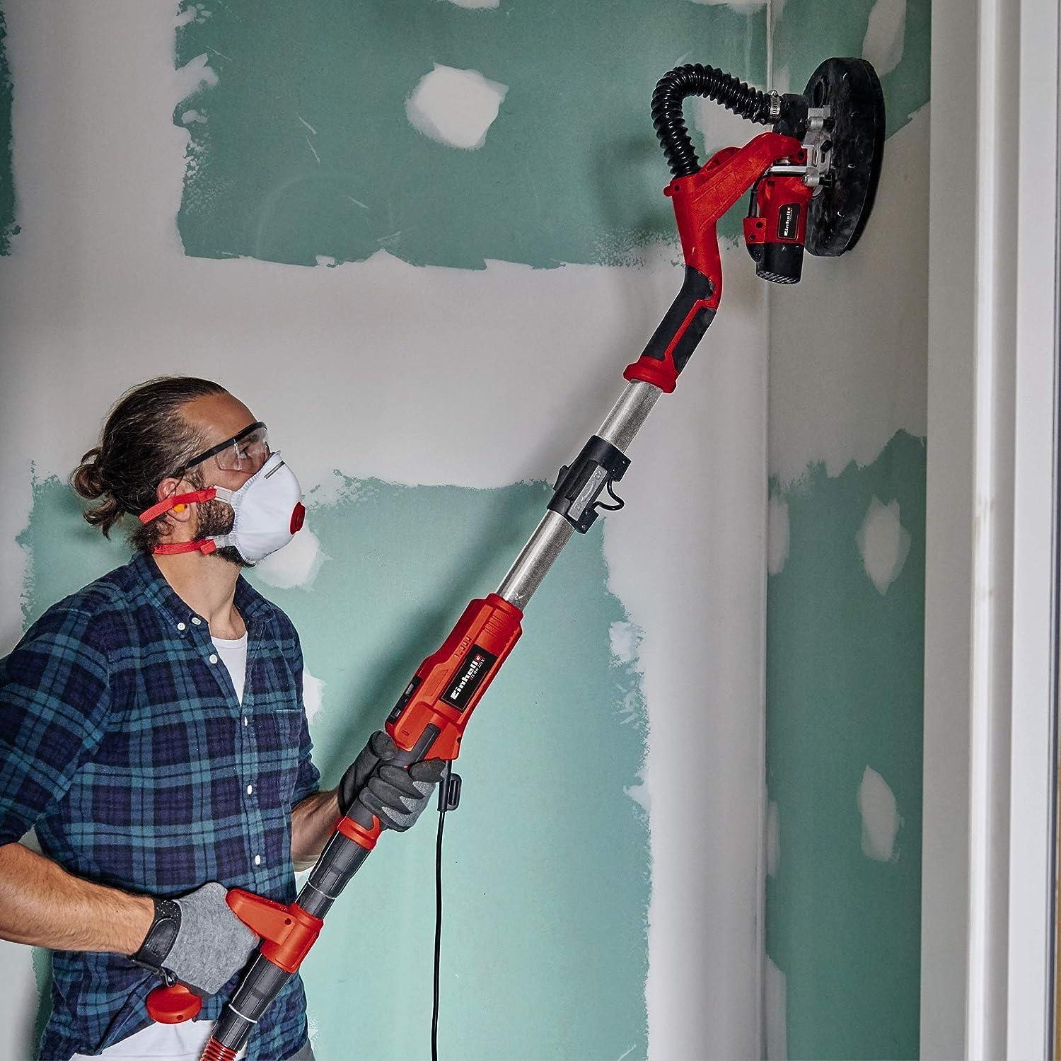 Einhell Lijadora de pared TE-DW 225 X (750 W, Ø225 mm, 285x285x285 mm papel de lija, plato intercambiable, mango telescópico 165 cm, incl. muelas abrasivas + paños de rejilla en el maletín)