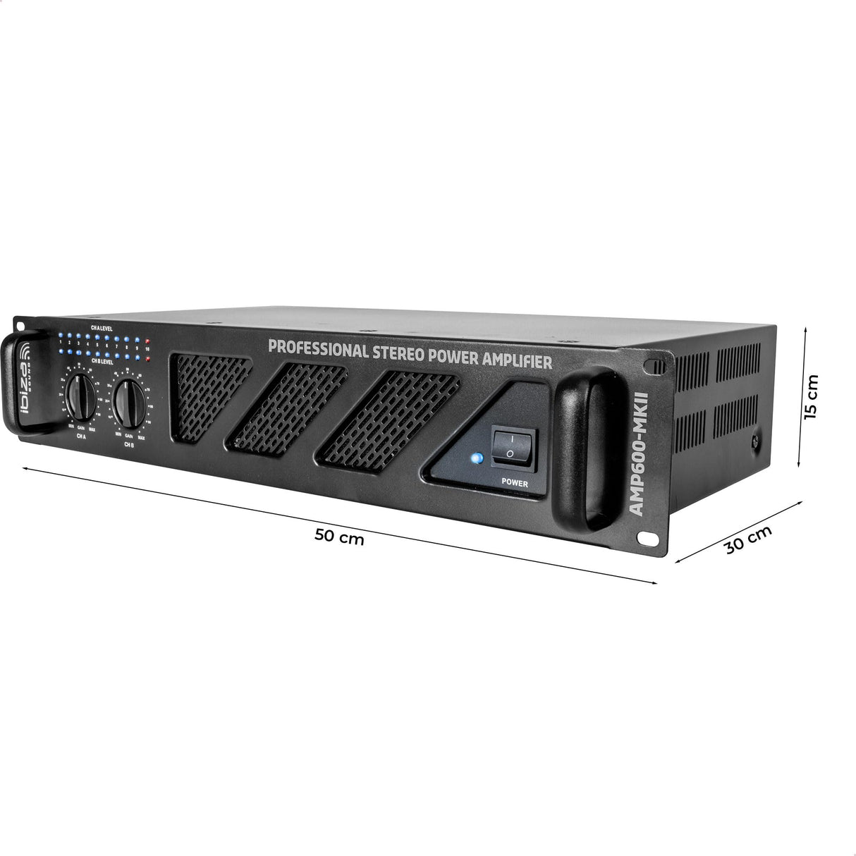 Ibiza - AMP600-MKII - Amplificador PA profesional 2x480W con entradas RCA/Jack y salidas Speakon/Born - 19" Rackable - Negro