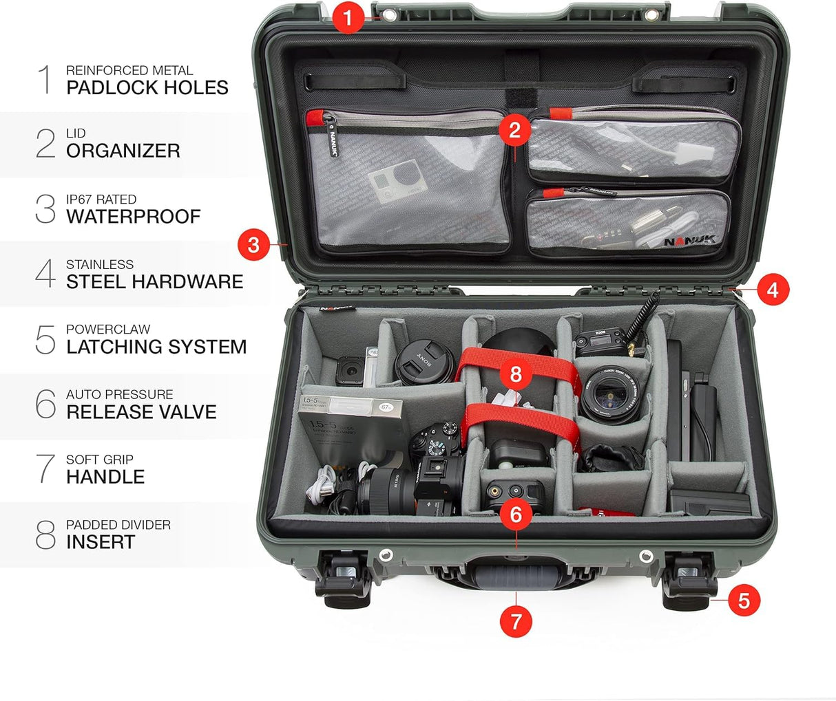 Nanuk 935 - Funda rígida Impermeable con Ruedas, Divisor Acolchado y Organizador de Tapa, Color Verde Oliva