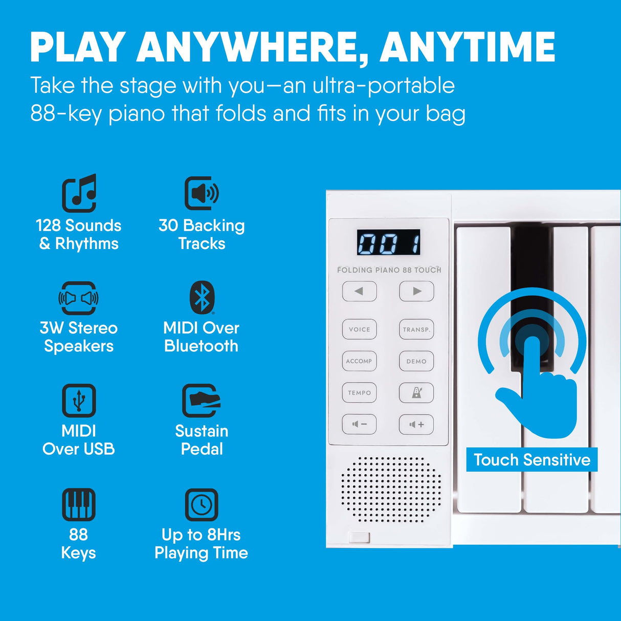 Blackstar BA215011 Carry-on FP-88 - Piano digital plegable portátil con 88 teclas táctiles, color negro, portátil, plegable, controlador MIDI USB con batería recargable