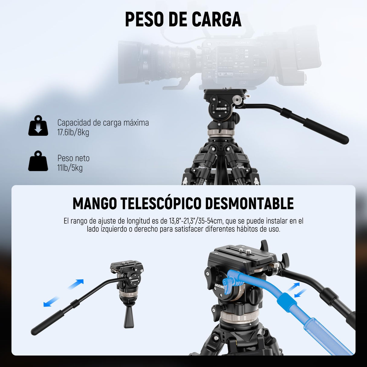 NEEWER 78" Trípode Vídeo de Fibra Carbono con Cabezal Fluido, Trípode de Bloqueo Liberación con 6 Nivel Contrapeso, 4 Nivel Amortiguación de Giro/Inclinación, Placa QR Modo Dual, Máx Carga 18lb, LL55