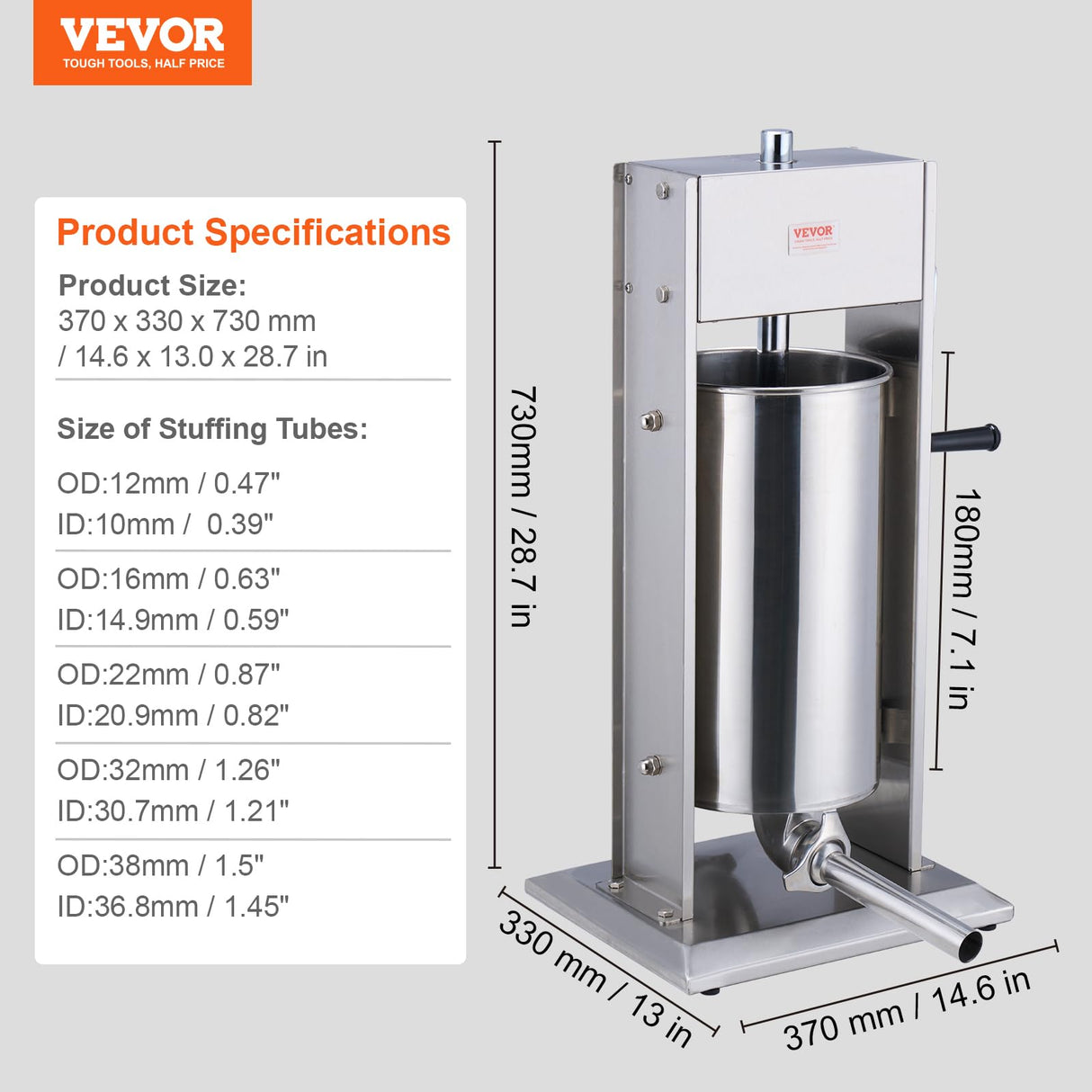 VEVOR Embutidora Manual de Salchichas Capacidad de 15 L Máquina de Salchichas Vertical de Acero Inoxidable con 5 Tubos de Relleno para Churros Salchichas para Restaurante Supermercado Cocina