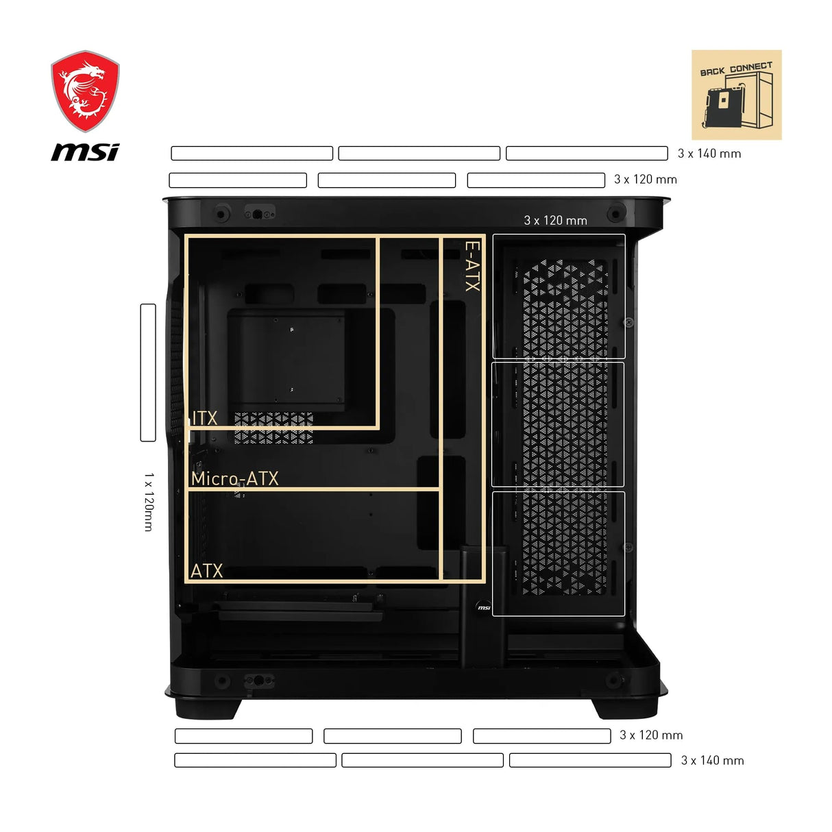 MSI Meg Maestro 700L PZ Mid-Tower - E-ATX, Soporte Vertical para GPU y Cable Riser PCIe 4.0, Soporte para GPU de una Pieza, Aluminio de una Pieza, Panel de Vidrio Templado Curvado de 270°, USB Type-C