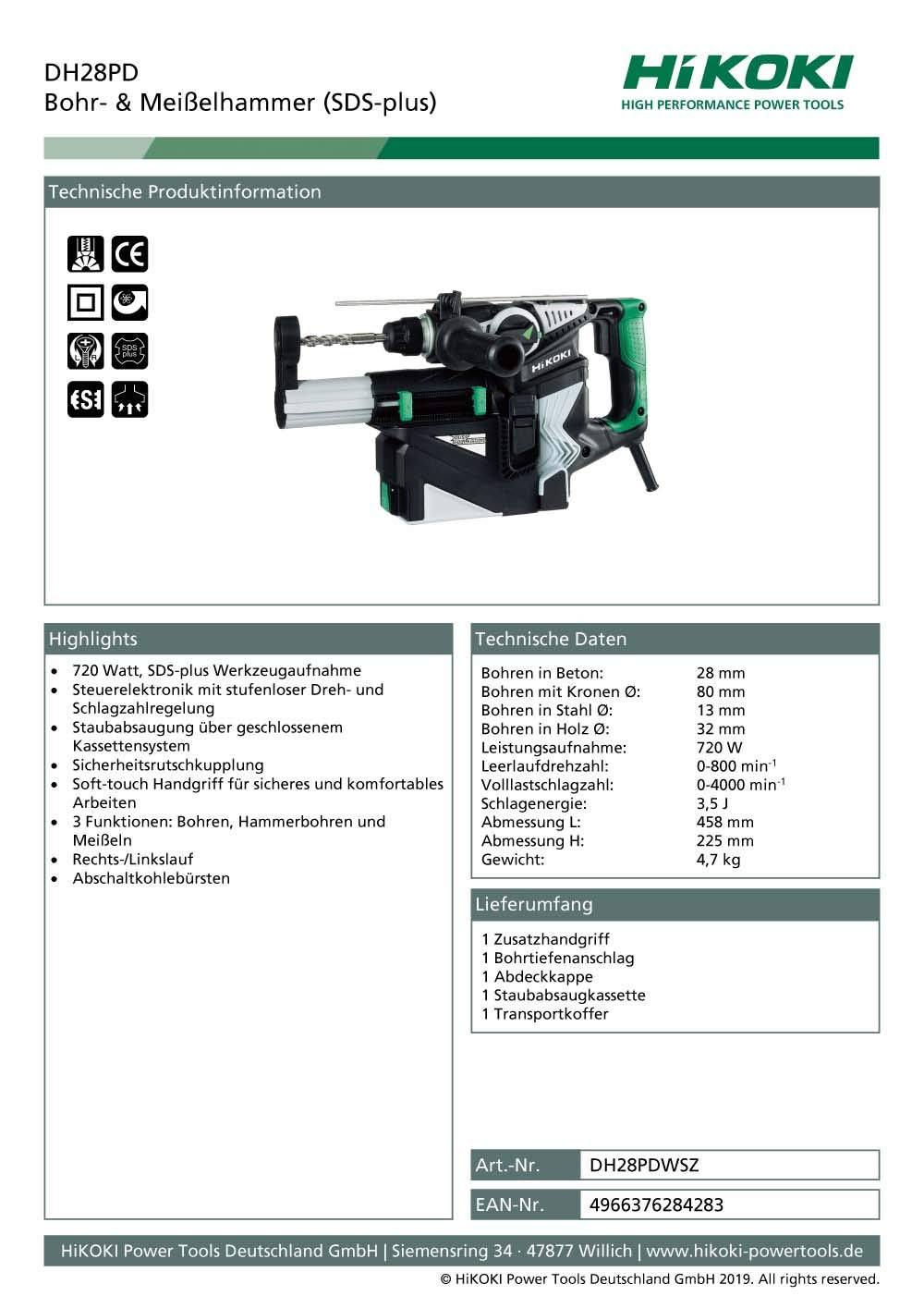 HIKOKI DH28PD Bohrhammer SDS+ 28 mm 720 W 3,5 julios + Staubabsaugung