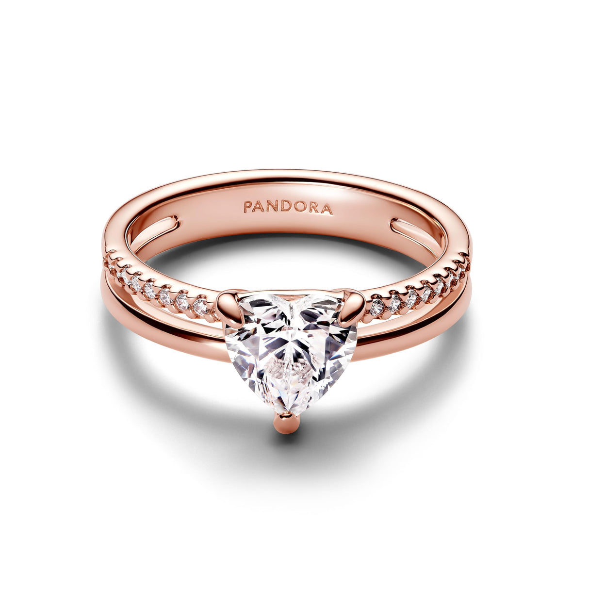 PANDORA Anillo doble con corazón de oro rosa 183100C01, 54/17,2, Plata de ley, Zirconia cúbica