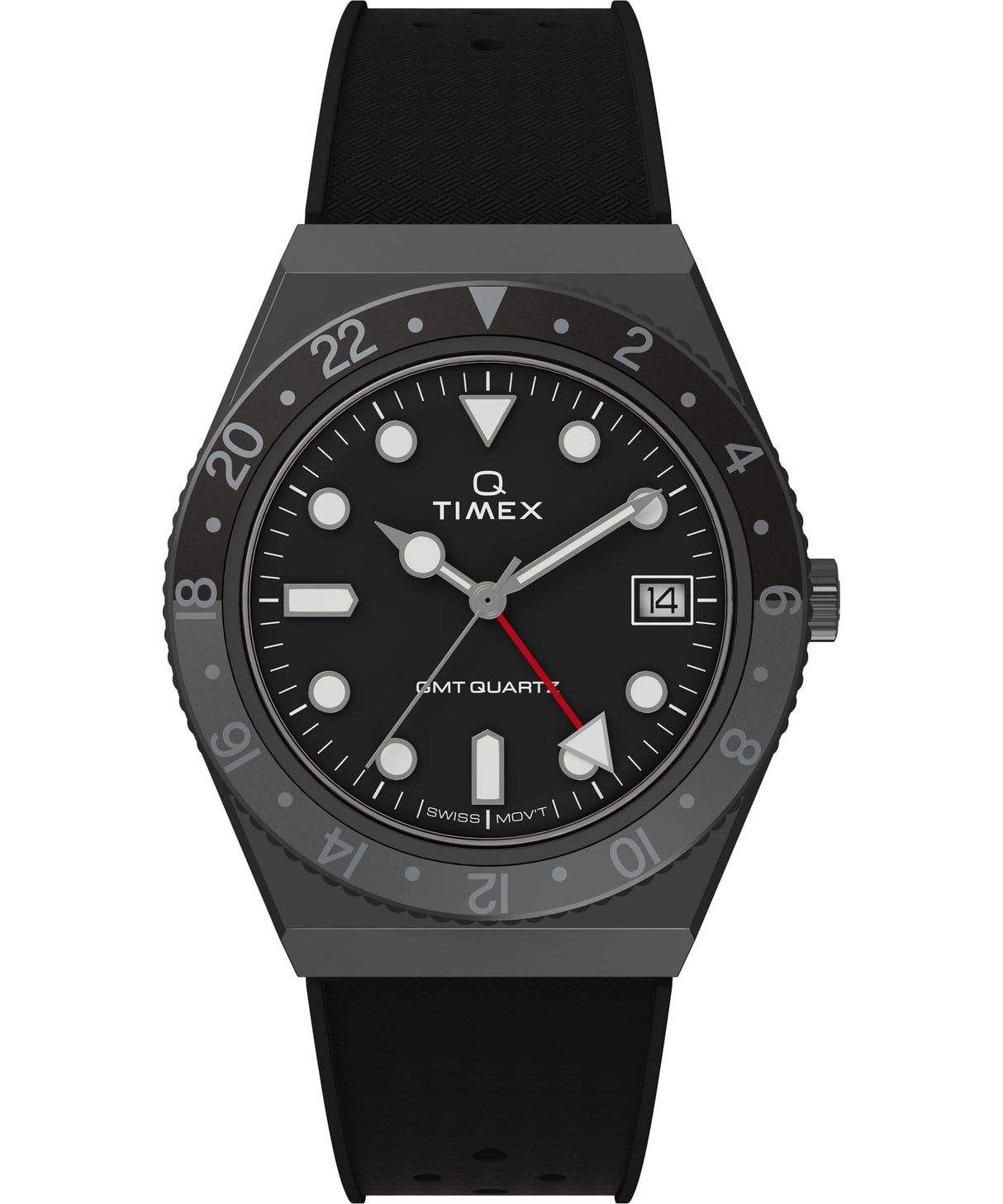 Timex Q - Reloj de 38 mm para hombre, color negro sintético, esfera negra de dos piezas, caja color bronce TW2V38200