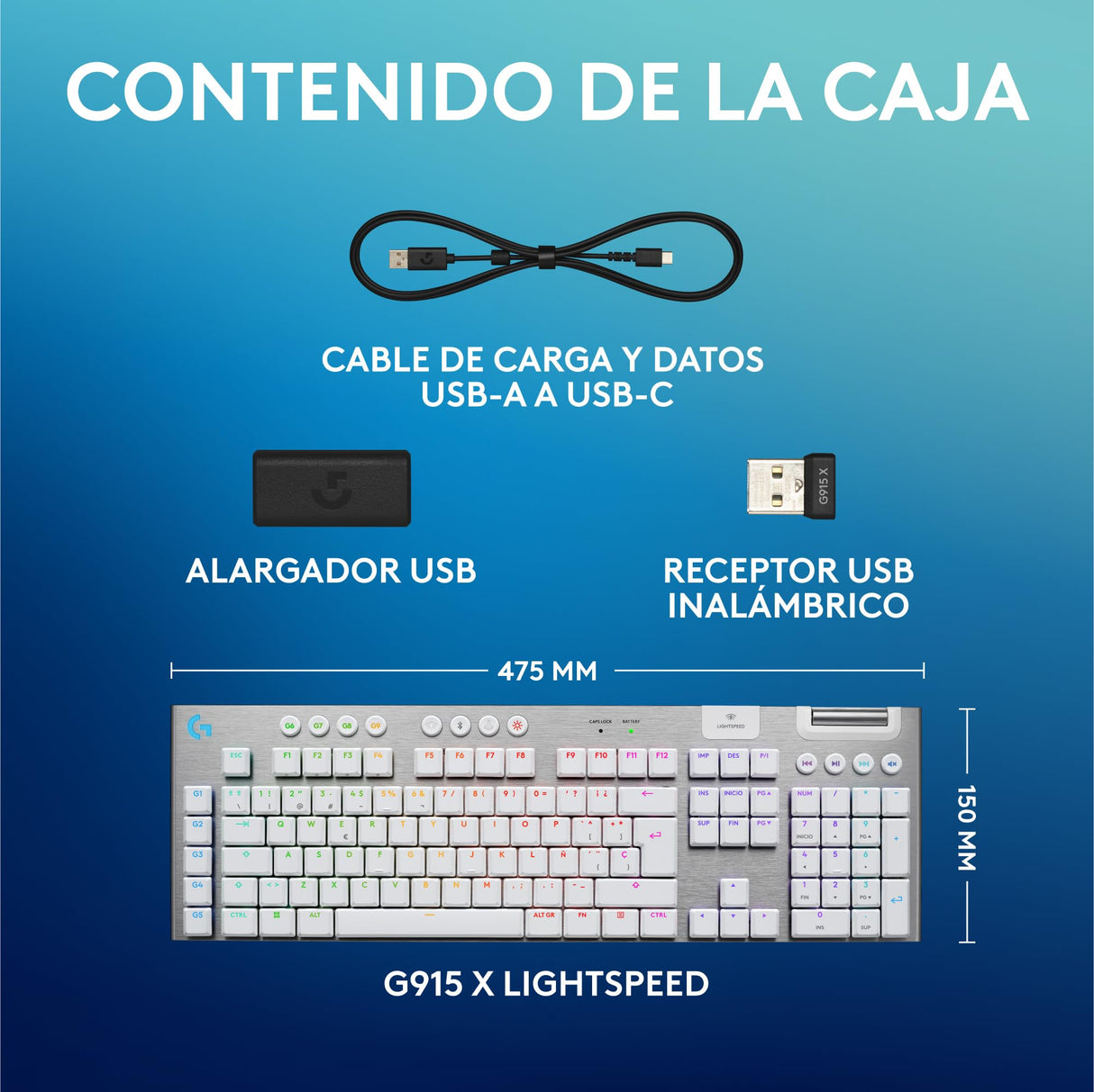Logitech G G915 X LIGHTSPEED Teclado para gaming inalámbrico de perfil bajo, teclas de PBT de doble moldeado, elegante acabado en aluminio, interruptores táctiles marrones GL,PC/Mac,QWERTY US - Blanco