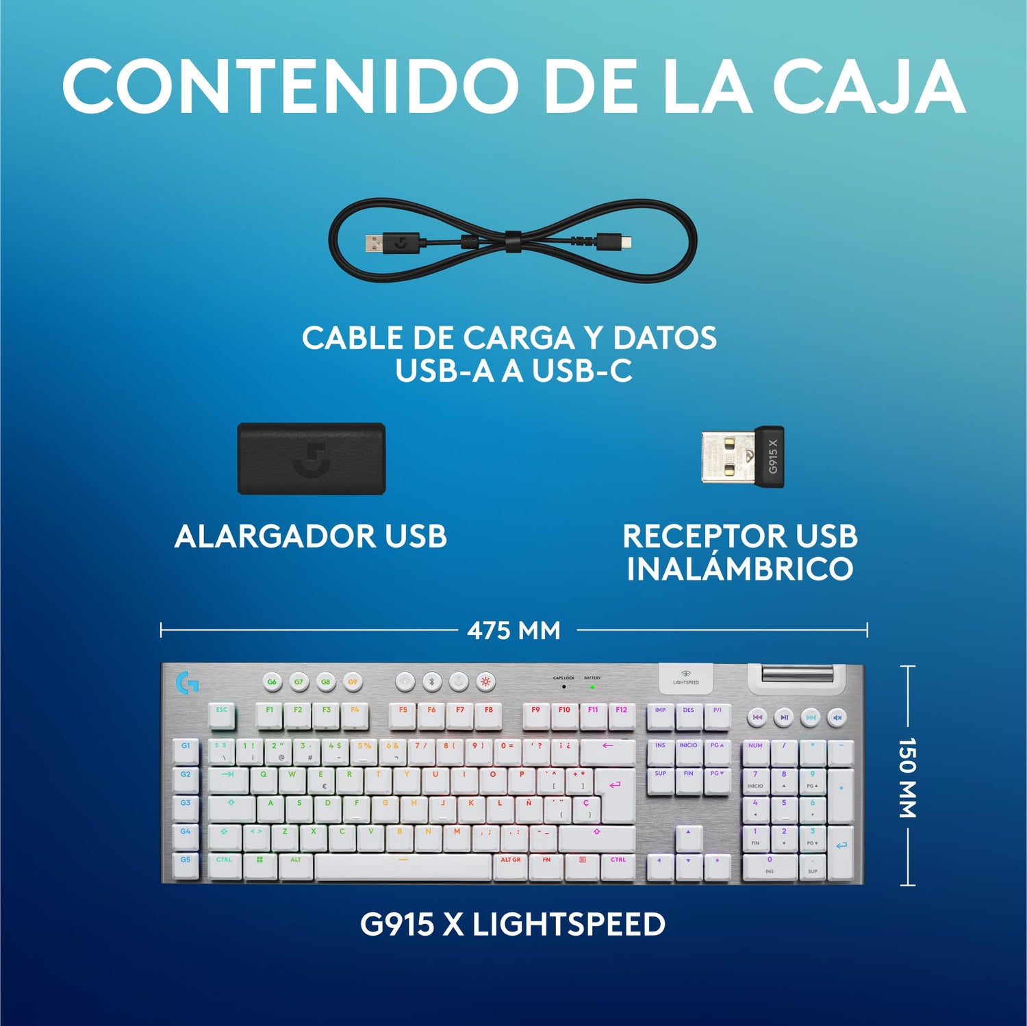 Logitech G G915 X LIGHTSPEED Teclado para gaming inalámbrico de perfil bajo, teclas de PBT de doble moldeado, elegante acabado en aluminio, interruptores táctiles marrones GL,PC/Mac,QWERTY US - Blanco