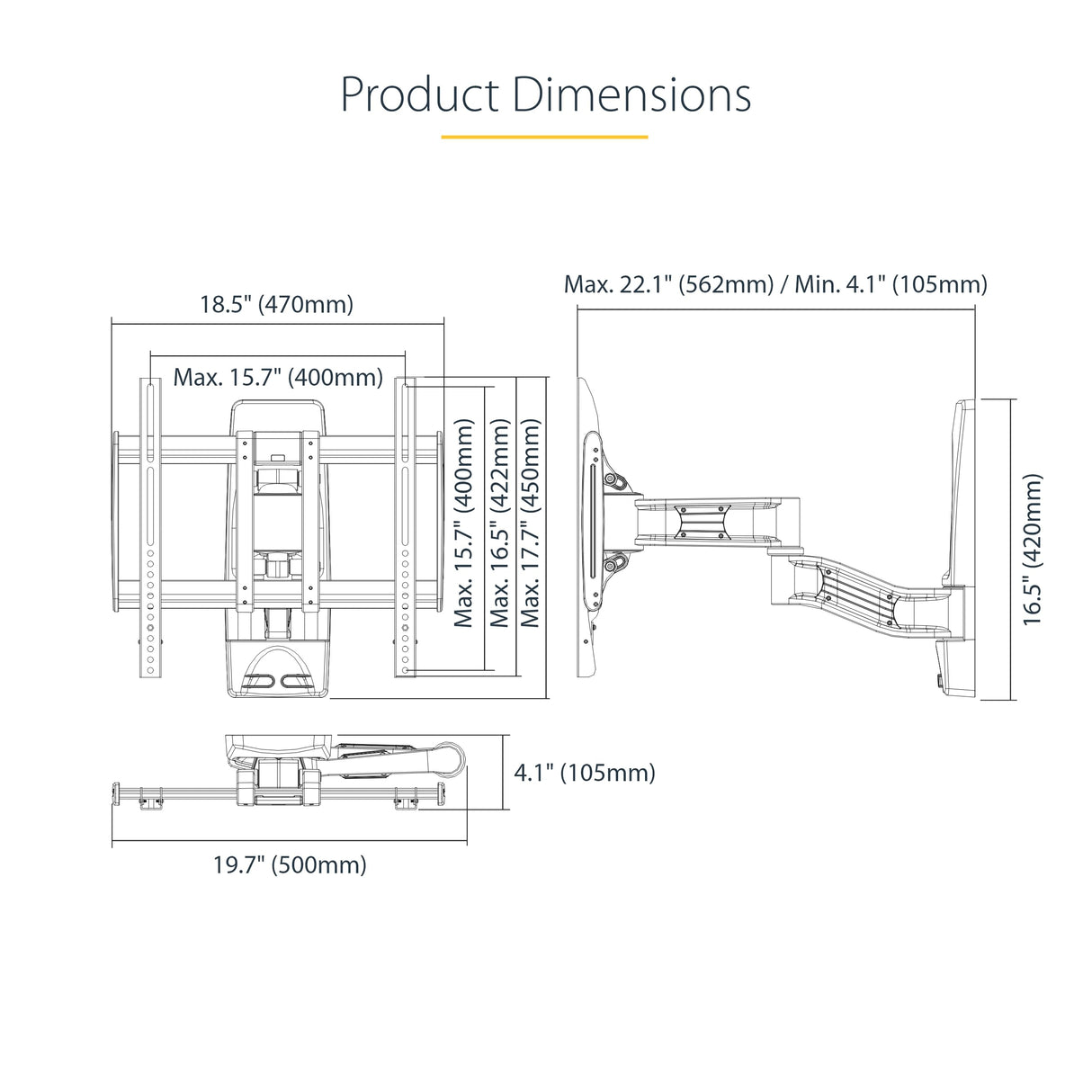 StarTech.com Soporte de Montaje Articulado de Pared para Televisores - Soporte VESA de Pared - Soporta TV Plano o Curvos de 65" o 45kg - Perfil Bajo Retraible - de Esquina (TV-WALL-MOUNT-65FS)