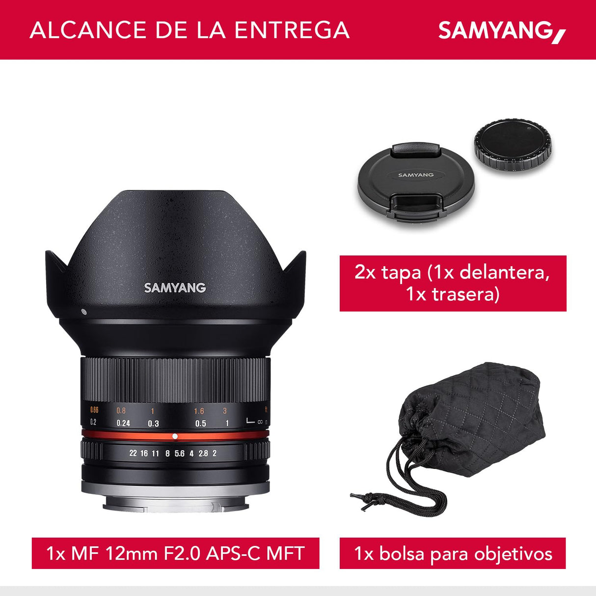 Samyang F1220509101 - Objetivo fotográfico CSC-Mirrorless para Micro Cuatro Tercios (distancia focal fija 12mm, apertura f/2-22 NCS CS, diámetro filtro: 67mm), negro