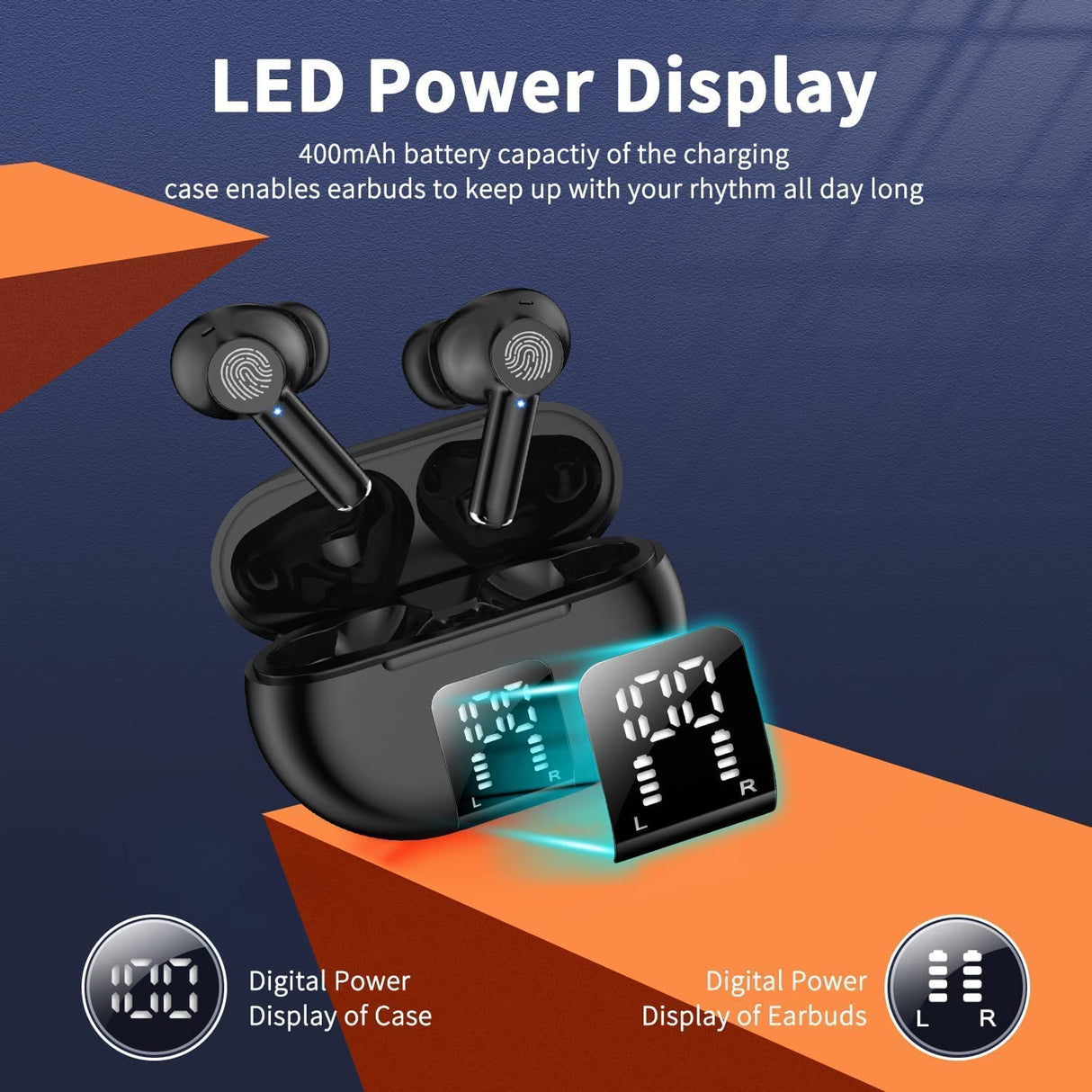 ASDRTB Auriculares inalámbricos Auriculares Auriculares de reducción de Ruido estéreo de Alta fidelidad, con micrófono, Tiempo de reproducción 48h, Pantalla LED Doble, Carrera Impermeable ip7