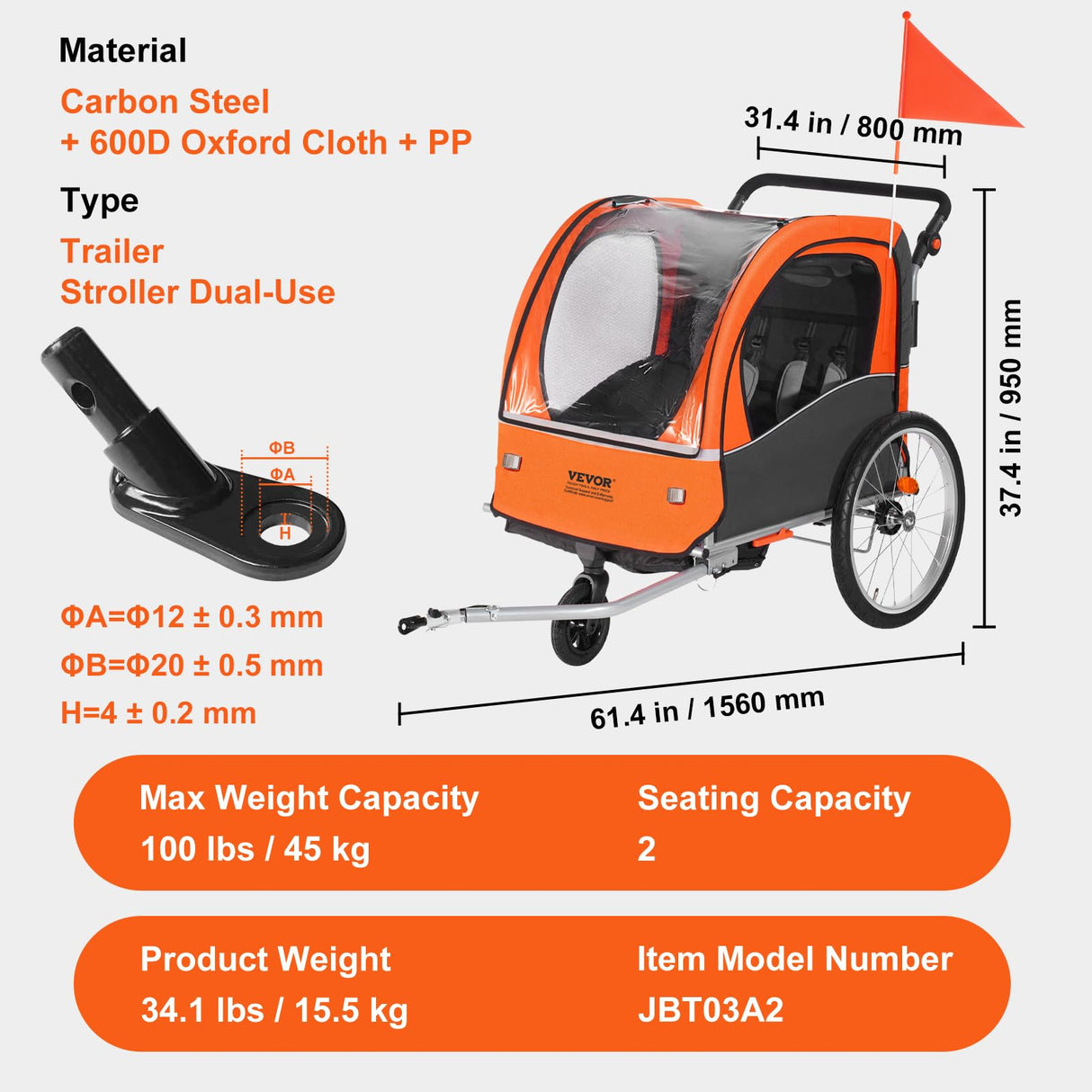 VEVOR Remolque de Bicicleta para Niños Asiento Doble Carga 45 kg Portaequipajes Transformable en Cochecito Remolque de Bicicleta para Niños Plegable con Enganche Universal para Bicicleta, Naranja Gris