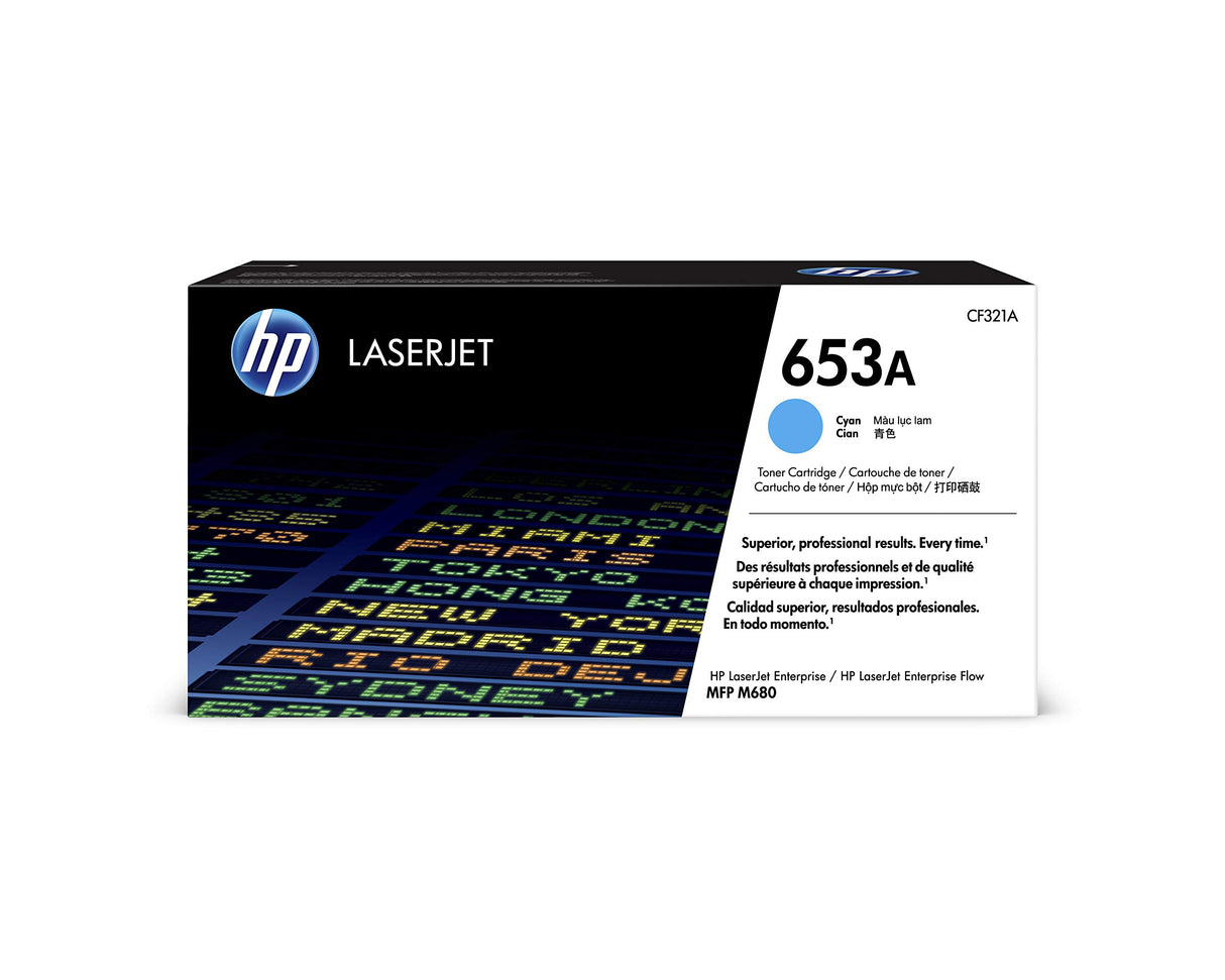 HP 653A CF321A, Cian, Cartucho Tóner Original, de 16.500 páginas, para impresoras HP Color LaserJet Enterprise Flow MFP M680z, Color LaserJet Enterprise M680dn y M680f