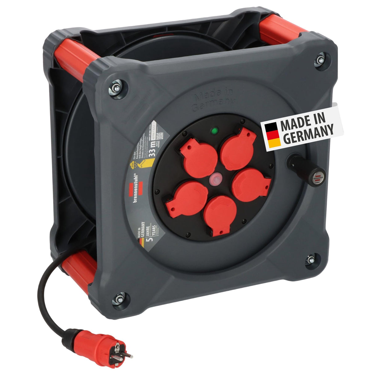 Brennenstuhl Carrete de cable profesional KA 3100 5 IP44 (cable H07RN-F 3G1,5 de 33 m en negro, 5 tomas de seguridad, uso en obra y exterior permanente, fabricado en Alemania)