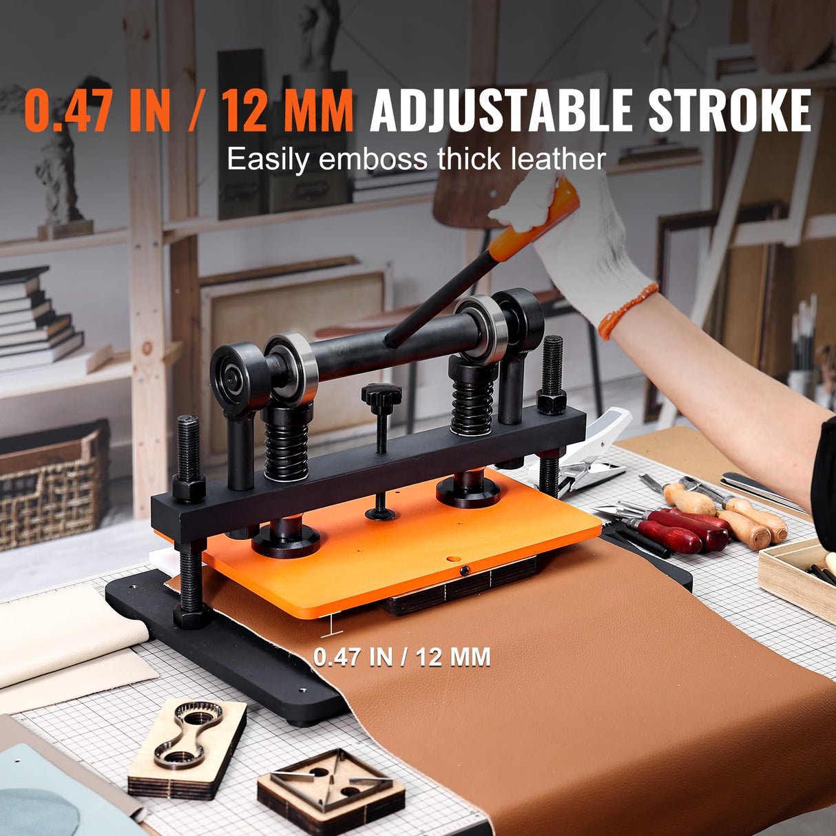 VEVOR Máquina Cortadora de Cuero 360x260 mm Capacidad de Carga de 1,5 T Prensa Troqueladora Manual Carrera Ajustable 12 mm Perforadora Manual para Cuero Papel Espuma Plástico Caucho Varios Materiales
