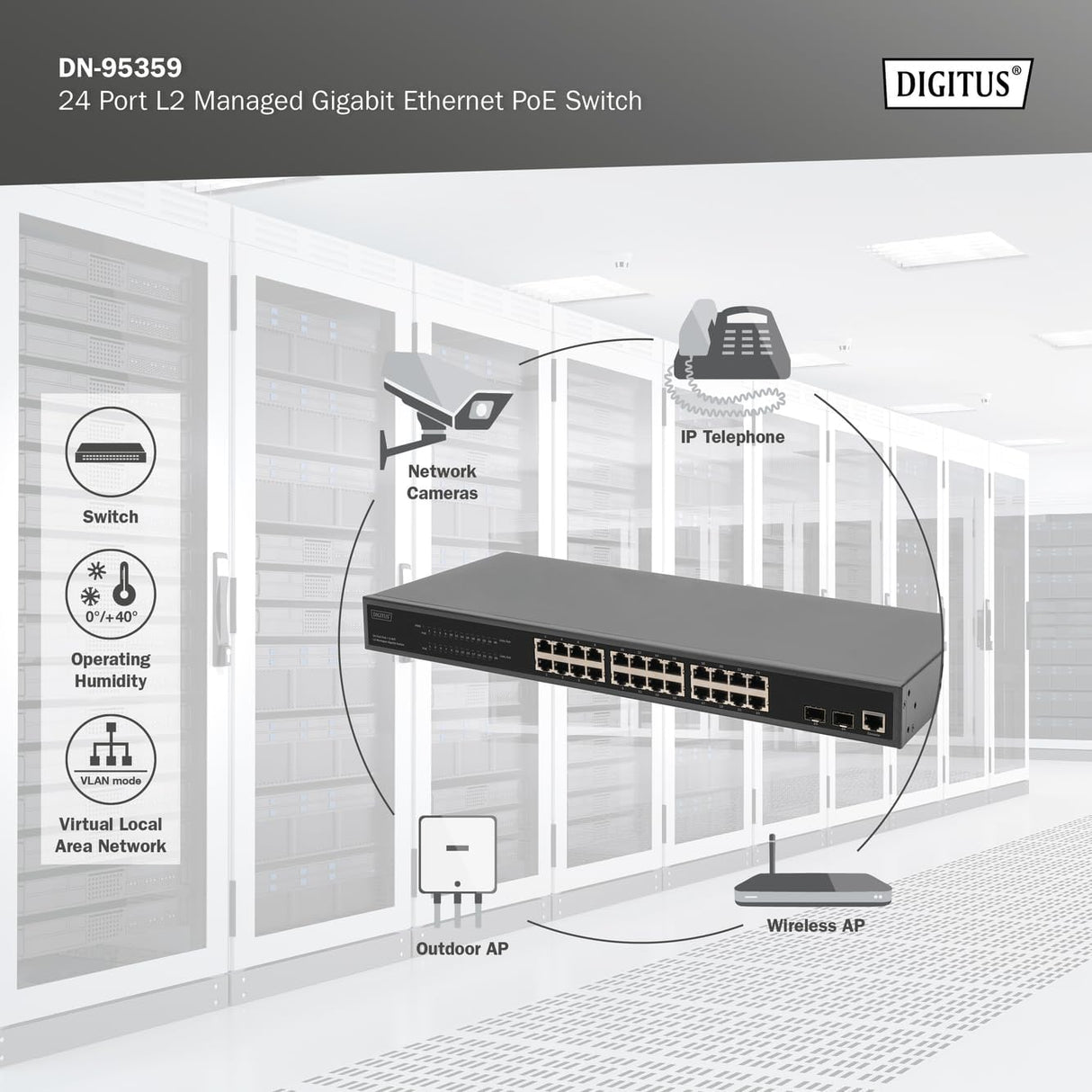 DIGITUS Conmutador de Red PoE Gigabit Gestionado de 27 Puertos - 24 Puertos RJ45 - 2 Puertos SFP - 1 Puerto de Consola - 450W PoE Presupuesto - Características L2 - 19 Pulgadas