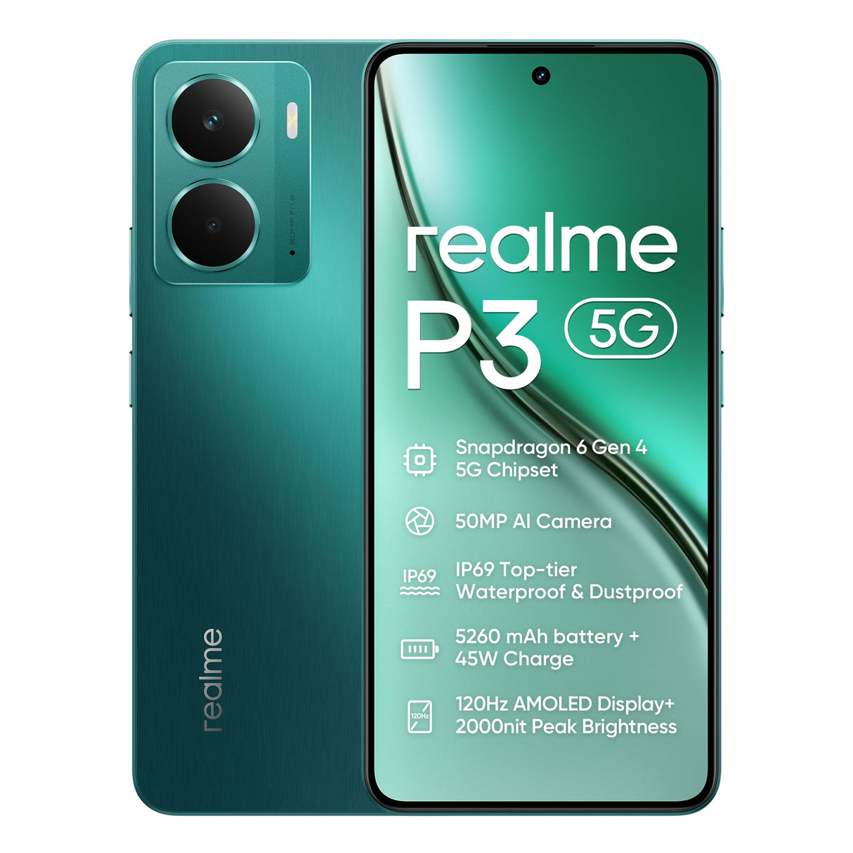 realme P3 5G Smartphone,8+256GB, Batería de 5260 mAh,Carga de 45W,Chipset Snapdragon 6 Gen 4, Cámara AI de 50MP, Pantalla Pro-Esports de 2000 nits120Hz,IP69, Verde (Sin Adaptador)